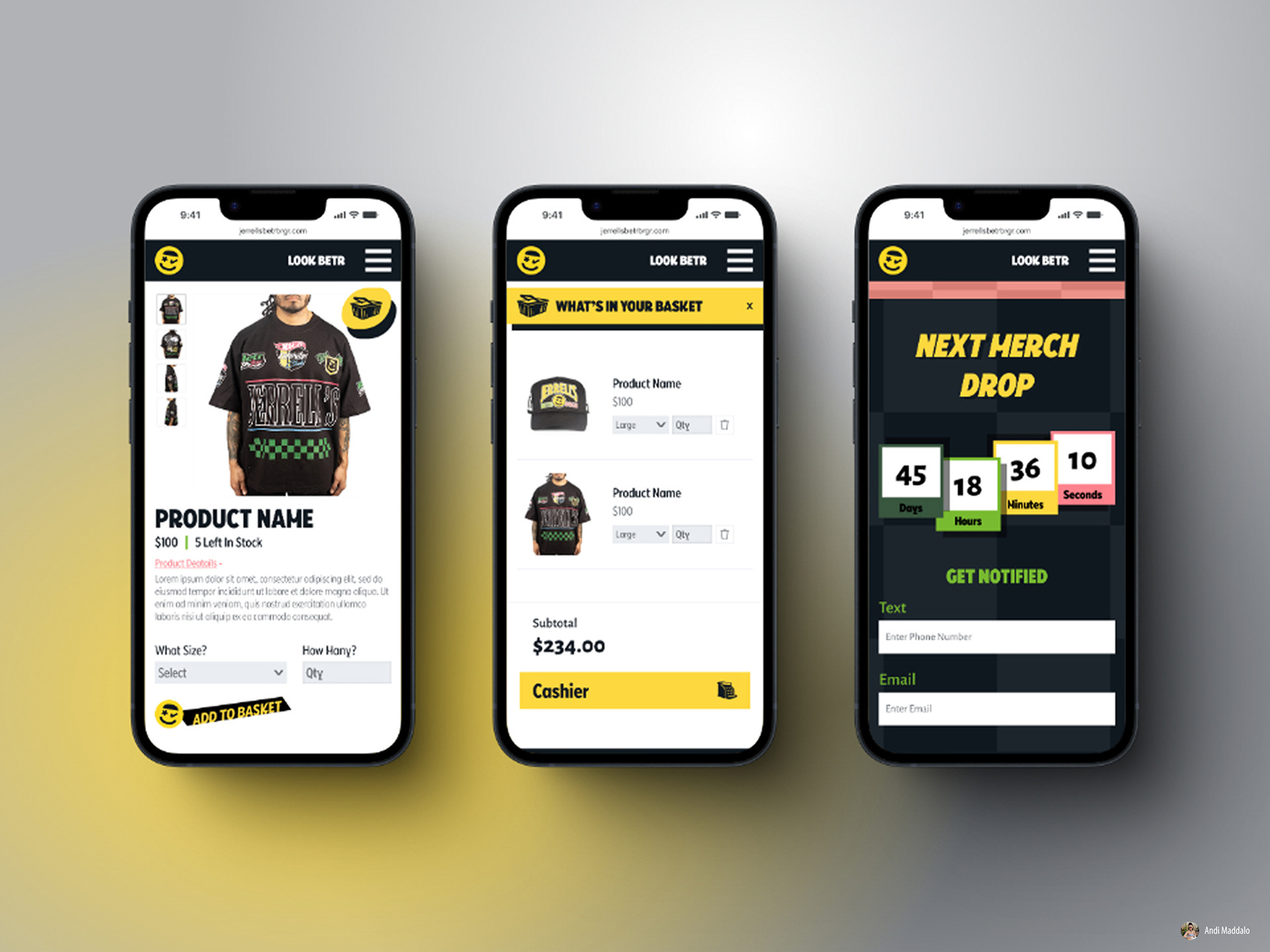 Web design mockup example mobile product page, checkout and countdown for a burger company selling merchandise