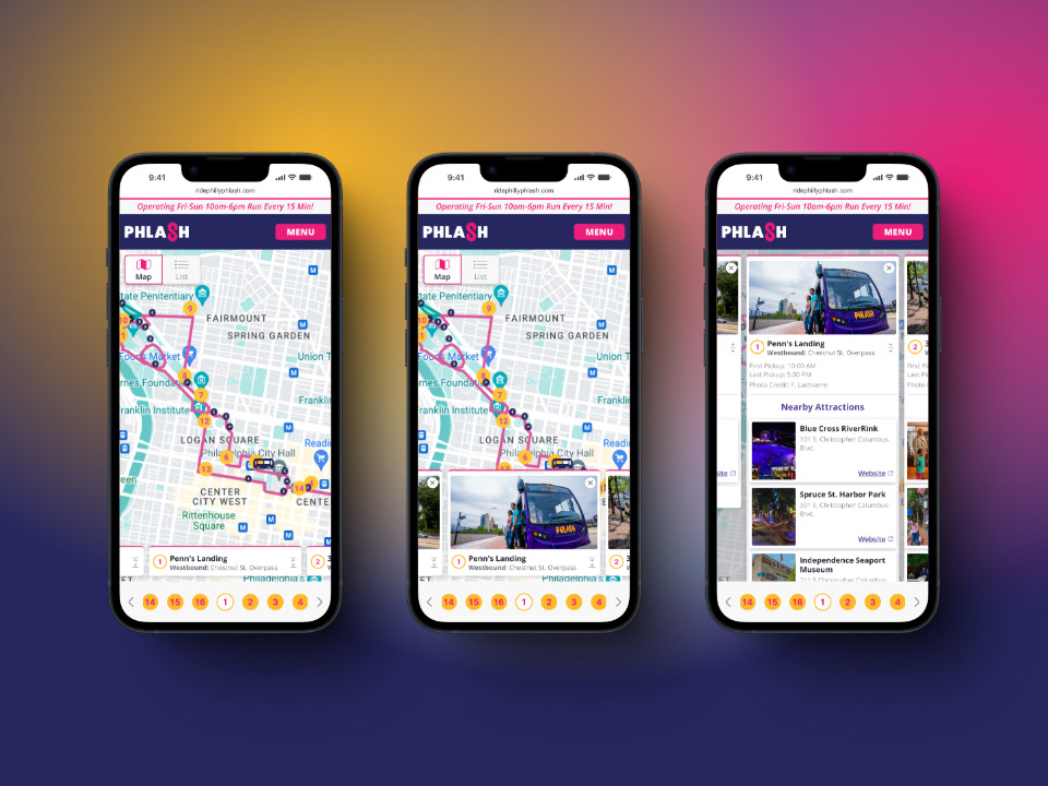 Mockup web design examples for mobile map page map view for city tour bus company