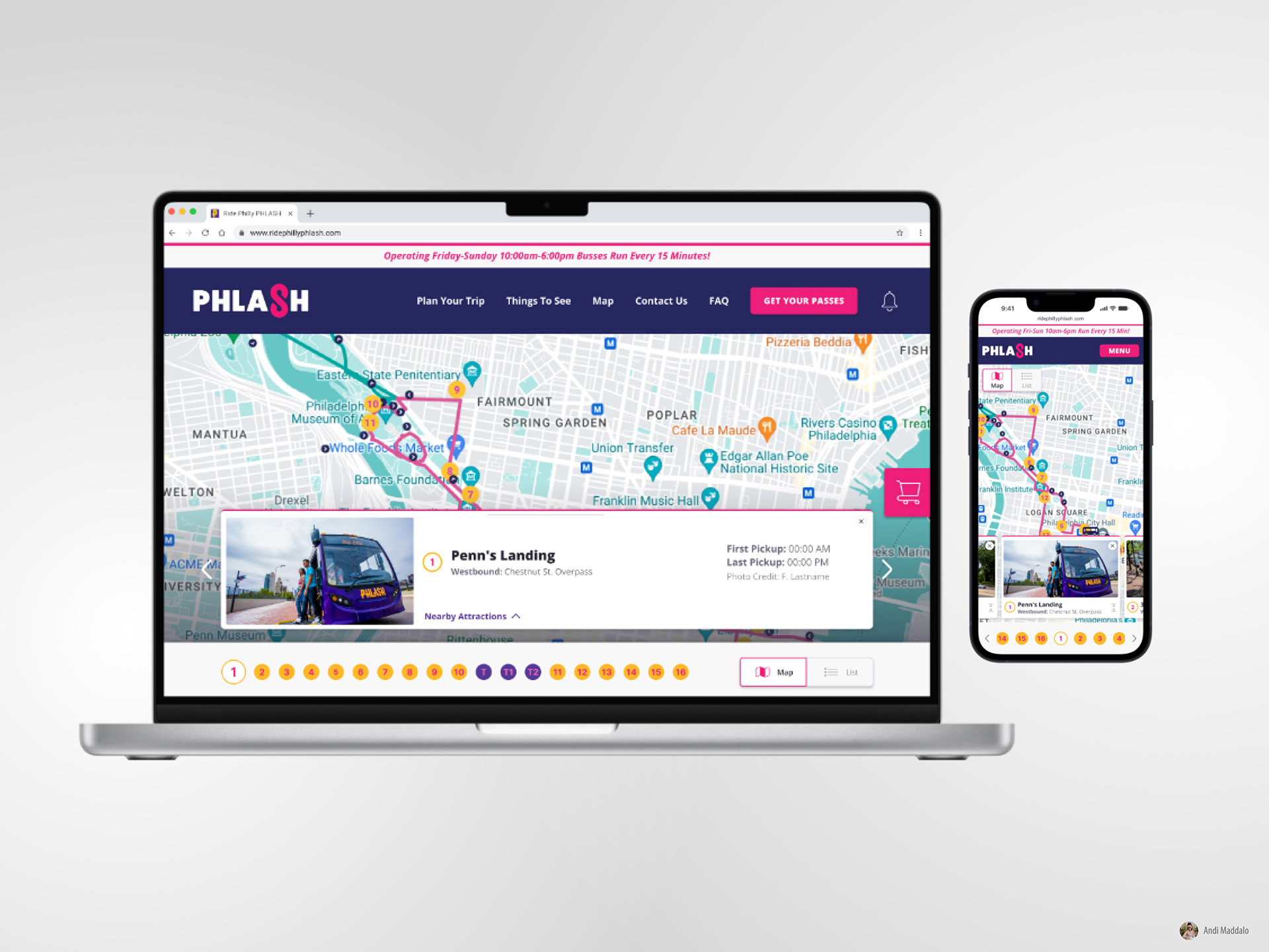 Mockup web design examples for desktop and mobile city tour bus map page