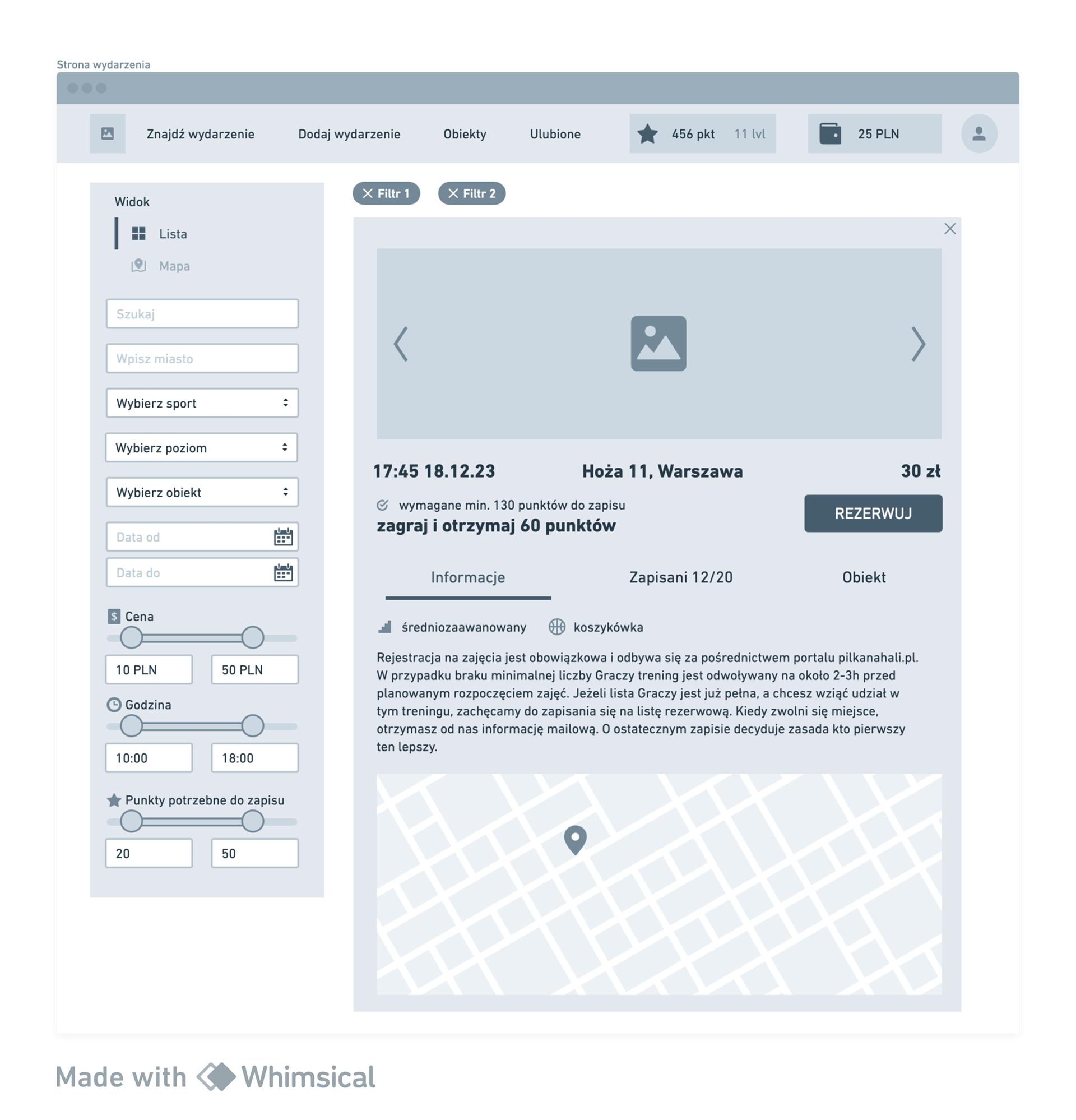Step 2. Selecting a specific event and checking the details of the game: description of the event, registered players, description of the facility, map with directions