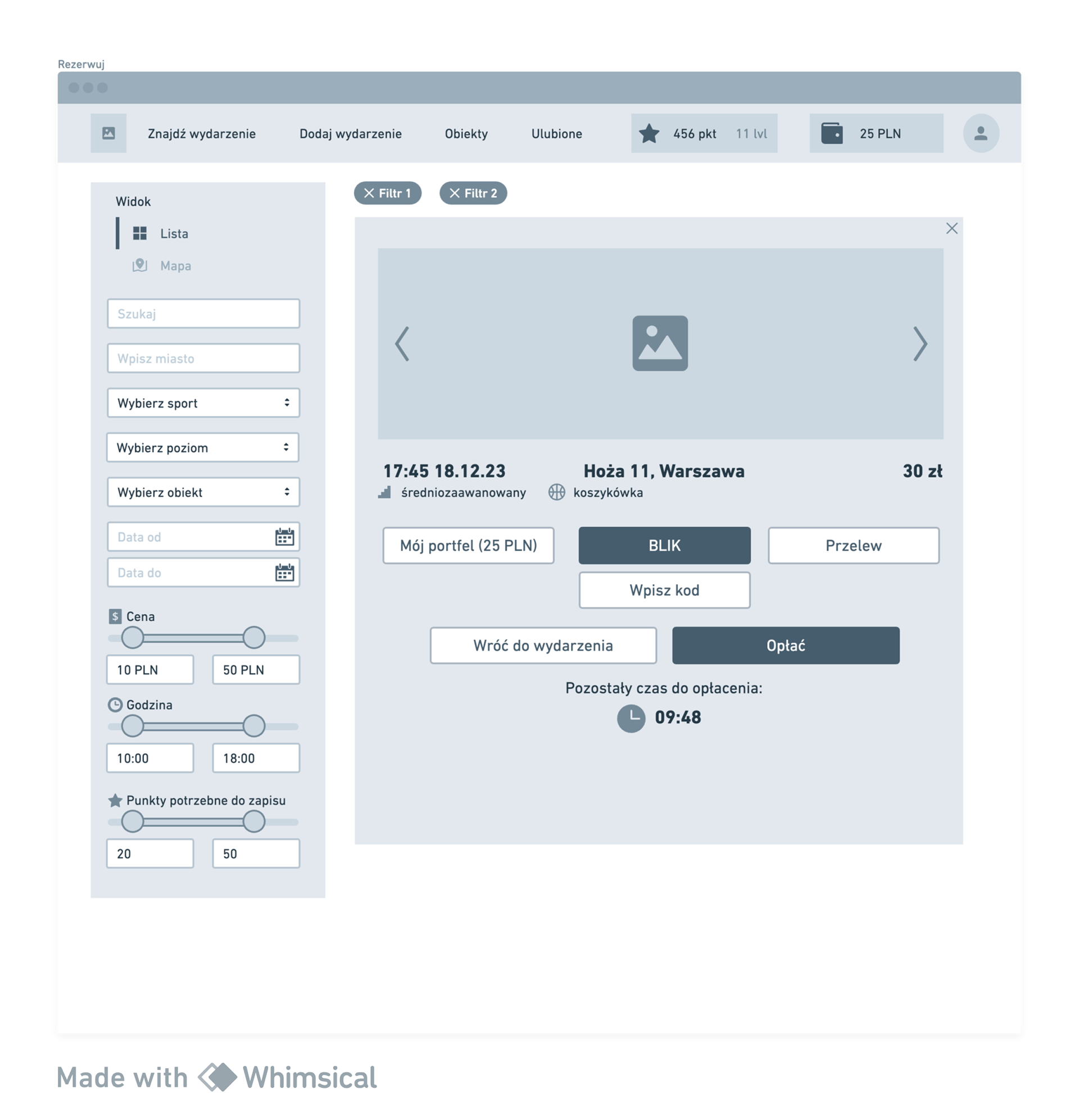 Step 3. After selecting the "Book" option, a payment window appears, you can make it using previously paid money to the internal wallet, using the BLIK code, or by transfer
