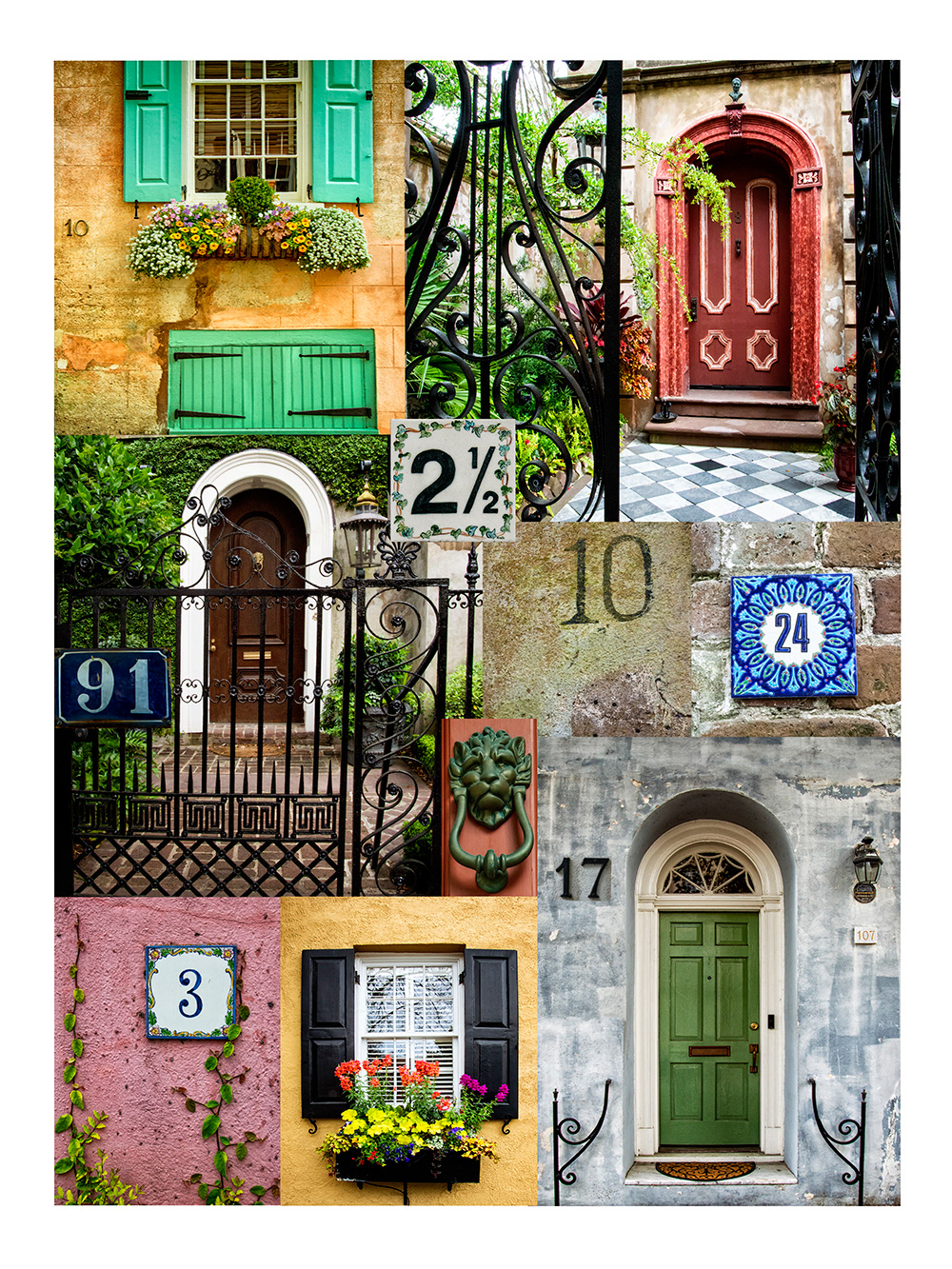 Doors, window boxes, and house numbers from Charleston, South Carolina.