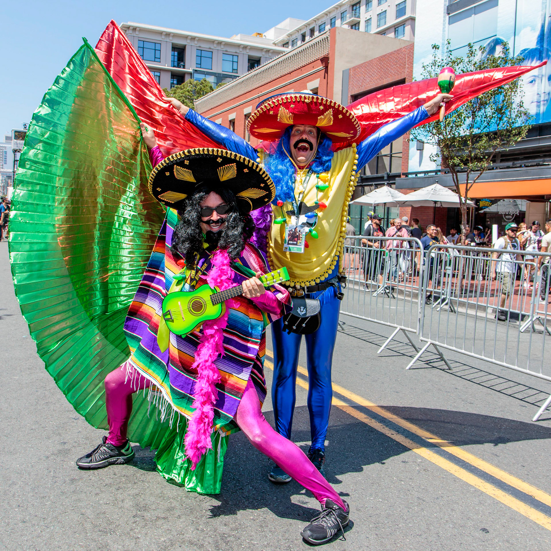 Colorful Mariachi cosplayers  walk the the GasLamp at Comic-Con 2018 in San Diego on Friday, July 20, 2018.