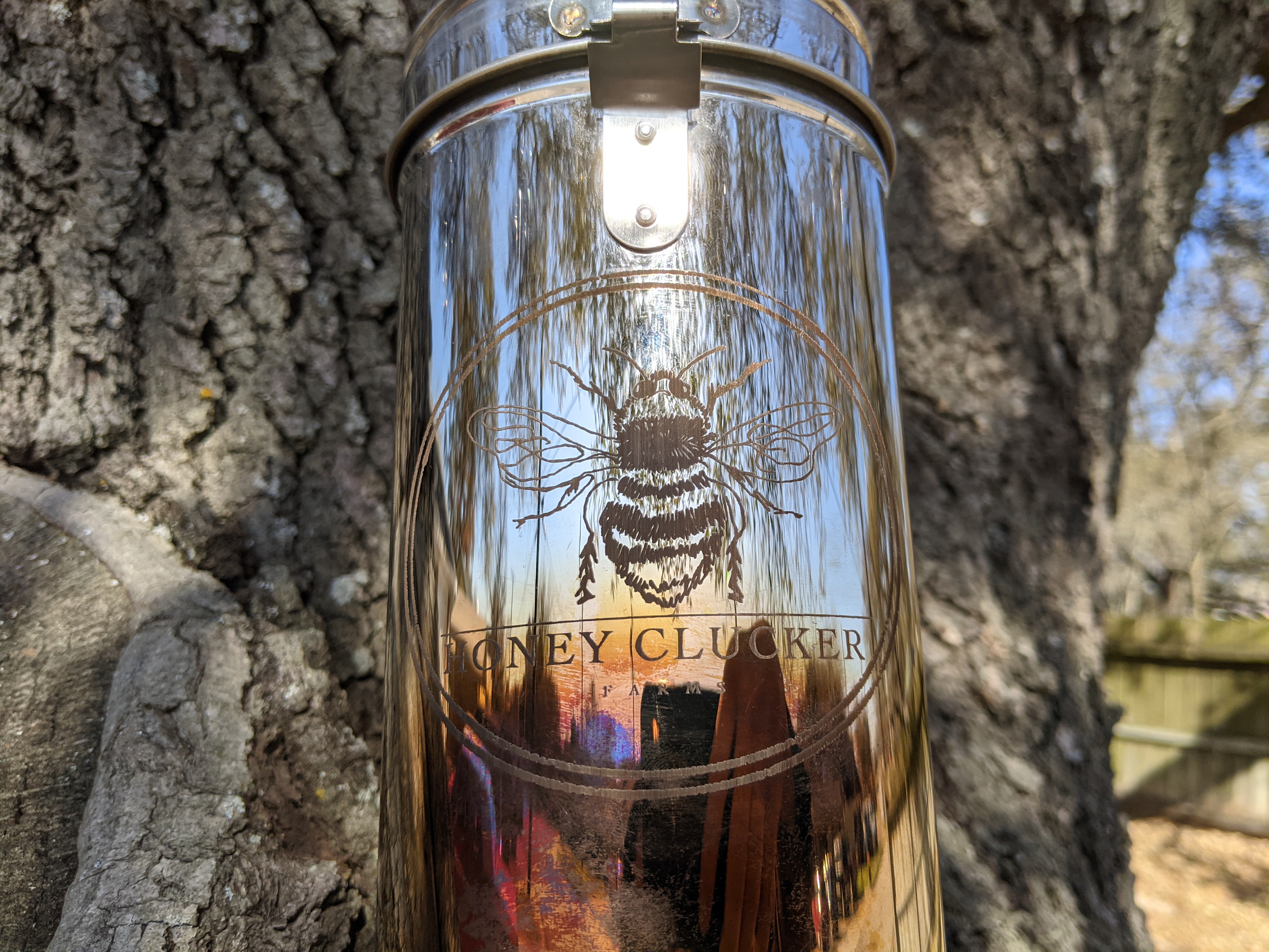 Bee Smoker-engraved for Honey Clucker Farms in Iola, Texas