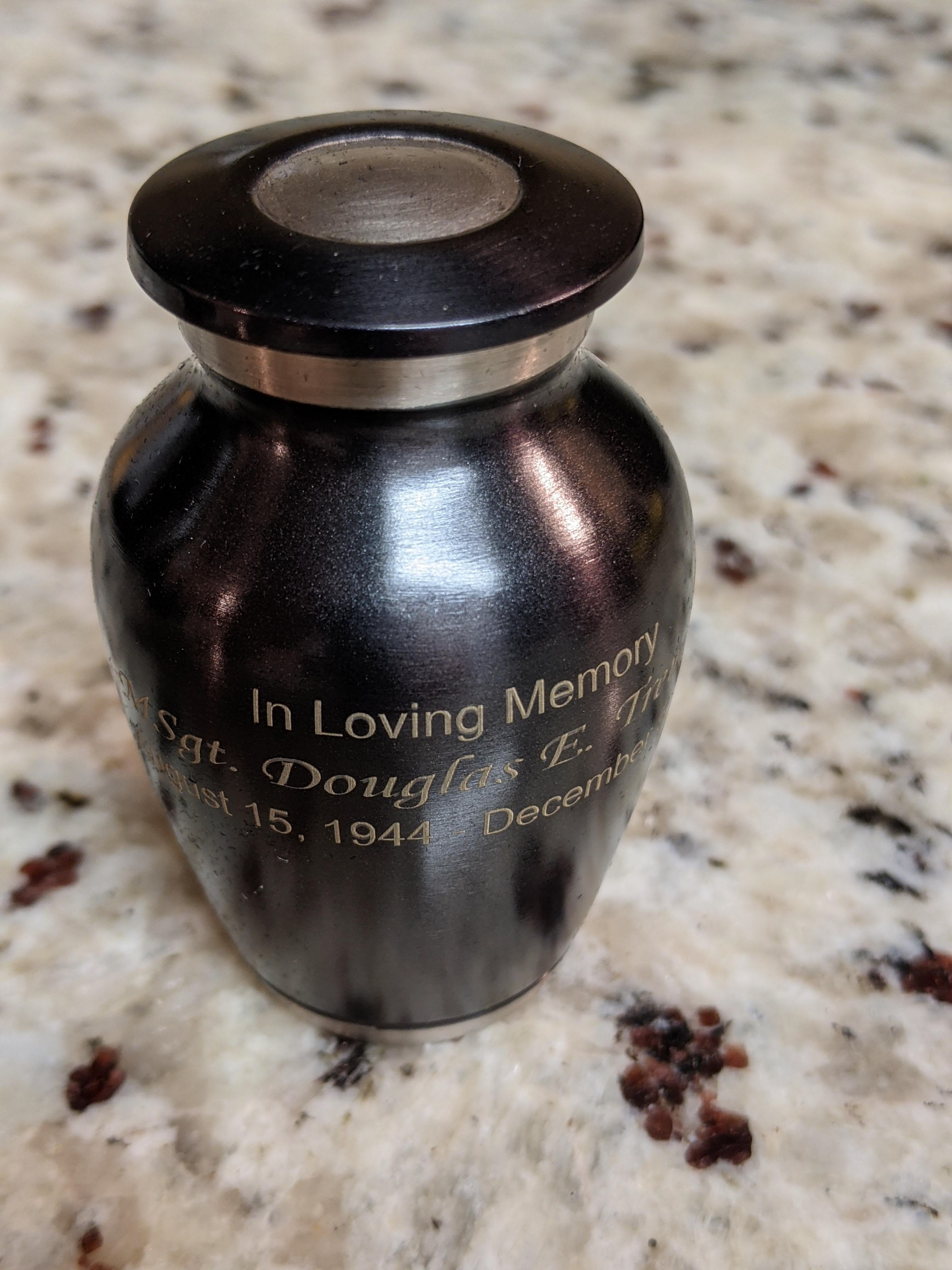 Mini-urn engraving. (This photo won't upload right side up haha)