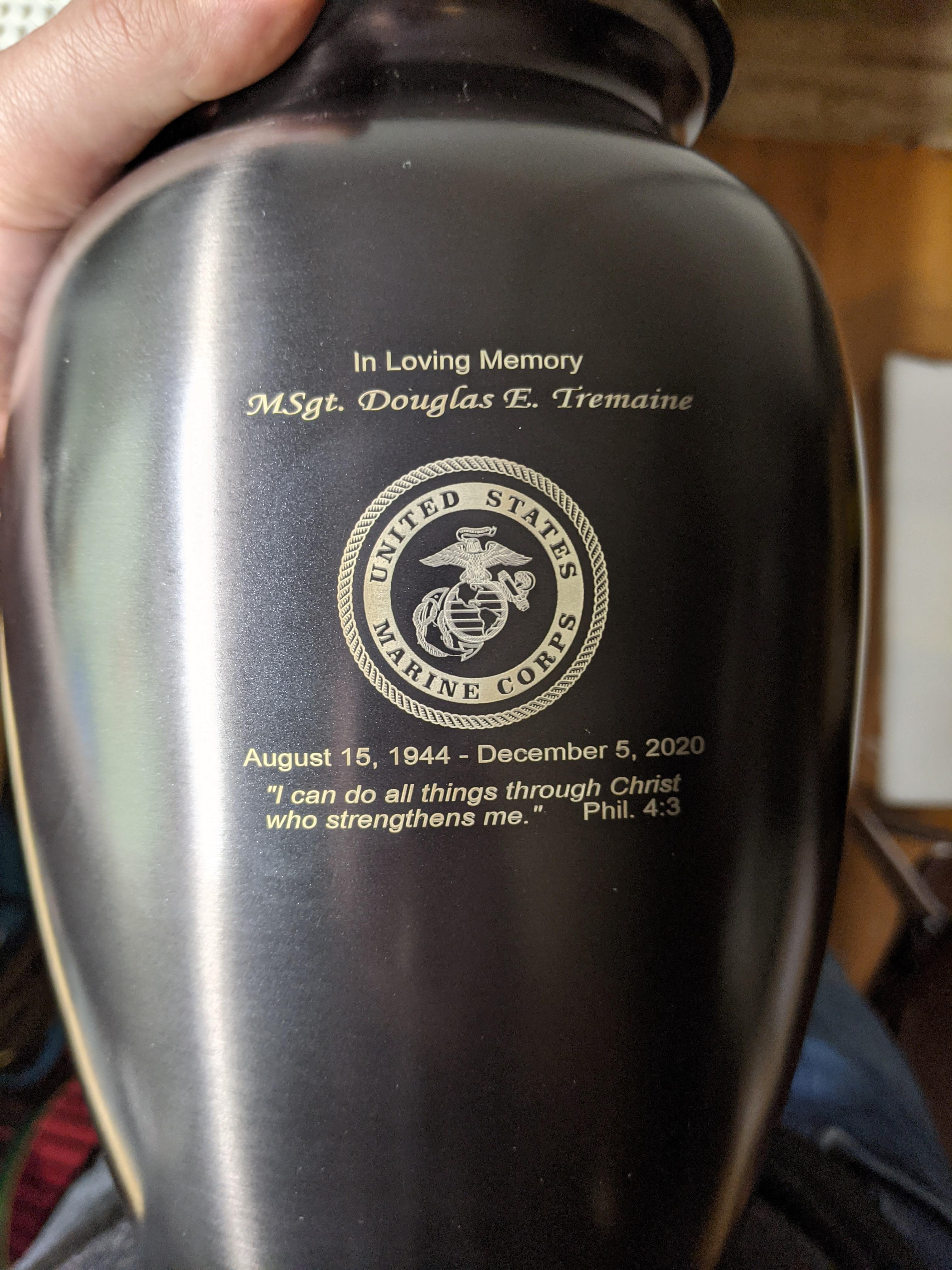 Large Urn-Engraved in honor of Sgt. Douglass Tremaine