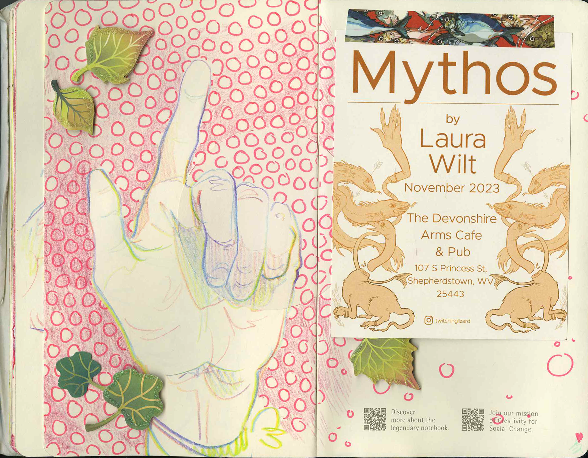 11/29/2023 Multimedia page using 8-color colored pencil, alcohol markers, Prismacolor colored pencils, and dollar store stickers. Mythos hand out designed by Jessie Sigler and myself in tandem.