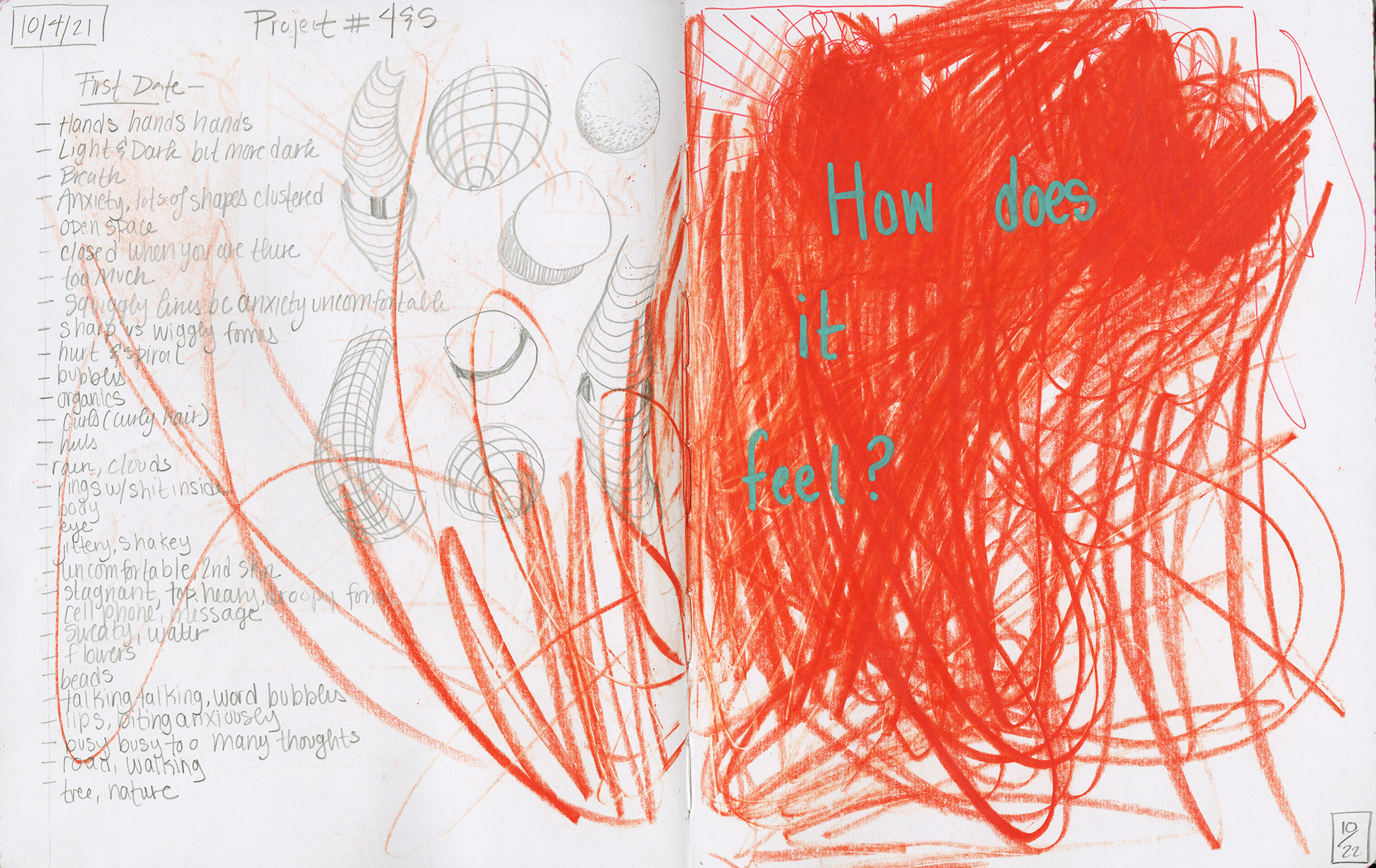 10/4-22/2021 How does it feel?  Project #4 & 5 - light and dark, but more dark -breath - anxiety, lots of shapes clustered - open space, but closed when you are there - too much - curls (curly hair) - stagnant, top heavy, droopy form  Posca paint pen, Prisma color pencil, graphite.