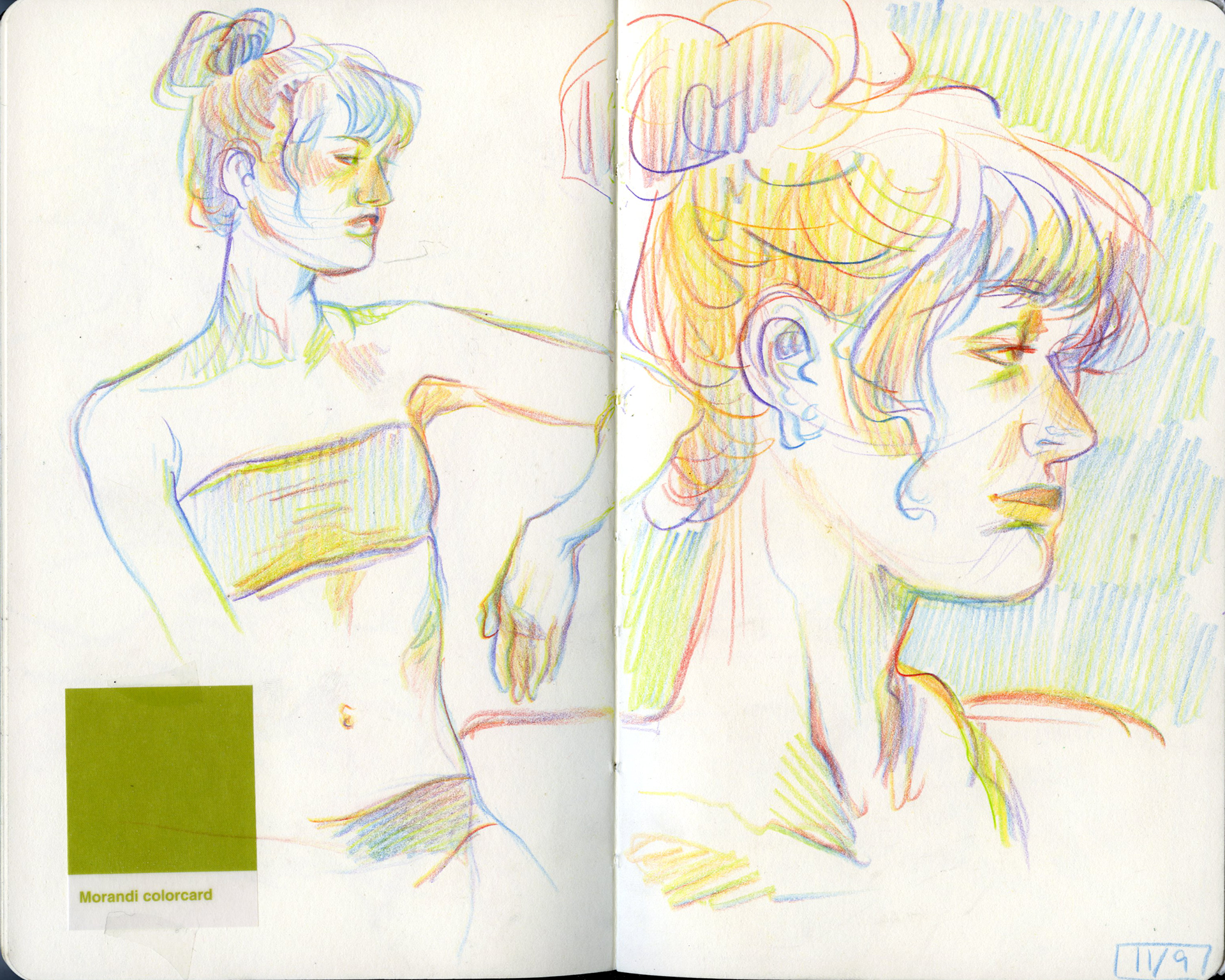 11/9/2023 Figure drawings 10 minute poses. Vellum color card.
