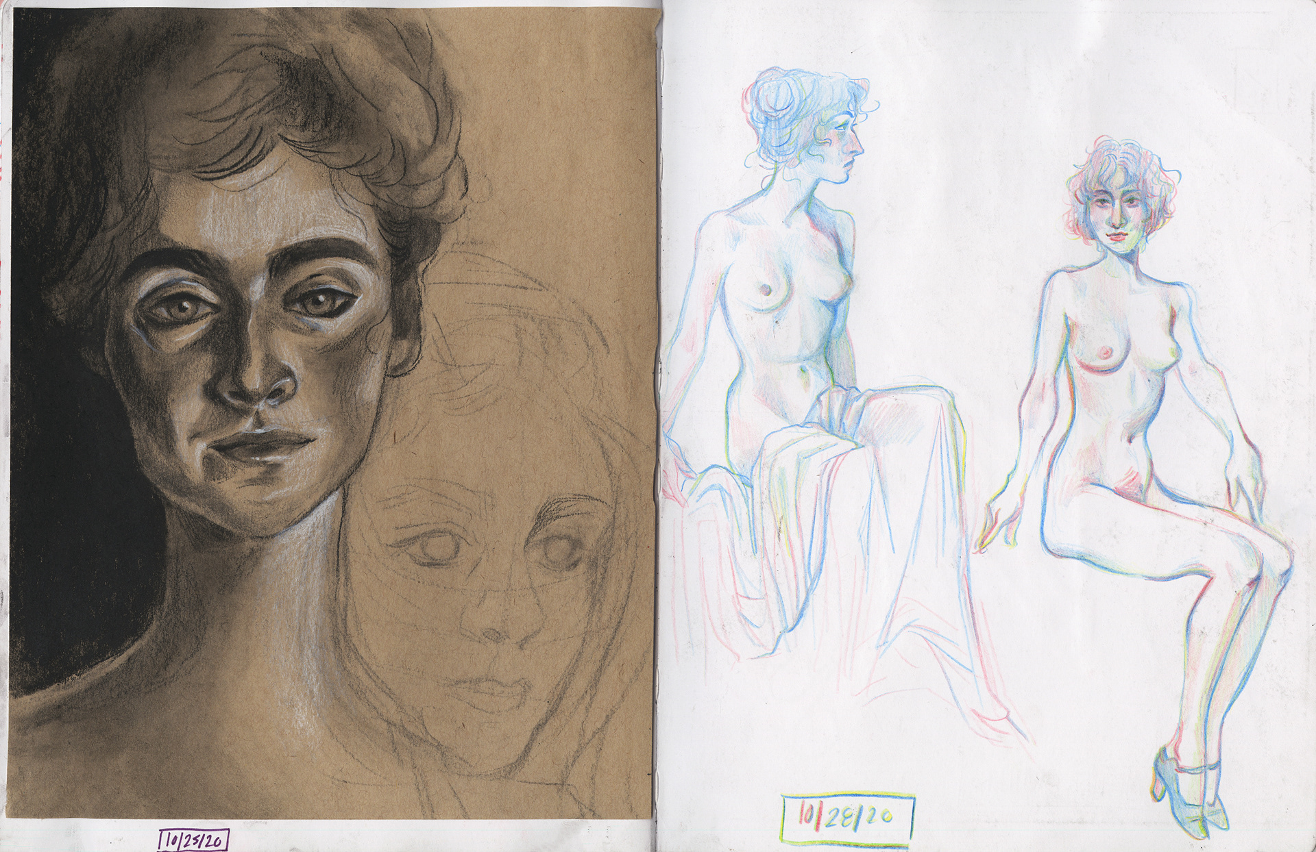 10/25-28/2020 Drawing 1 assignment with charcoal that got scrapped and figure drawing sketches with four-color colored pencil.