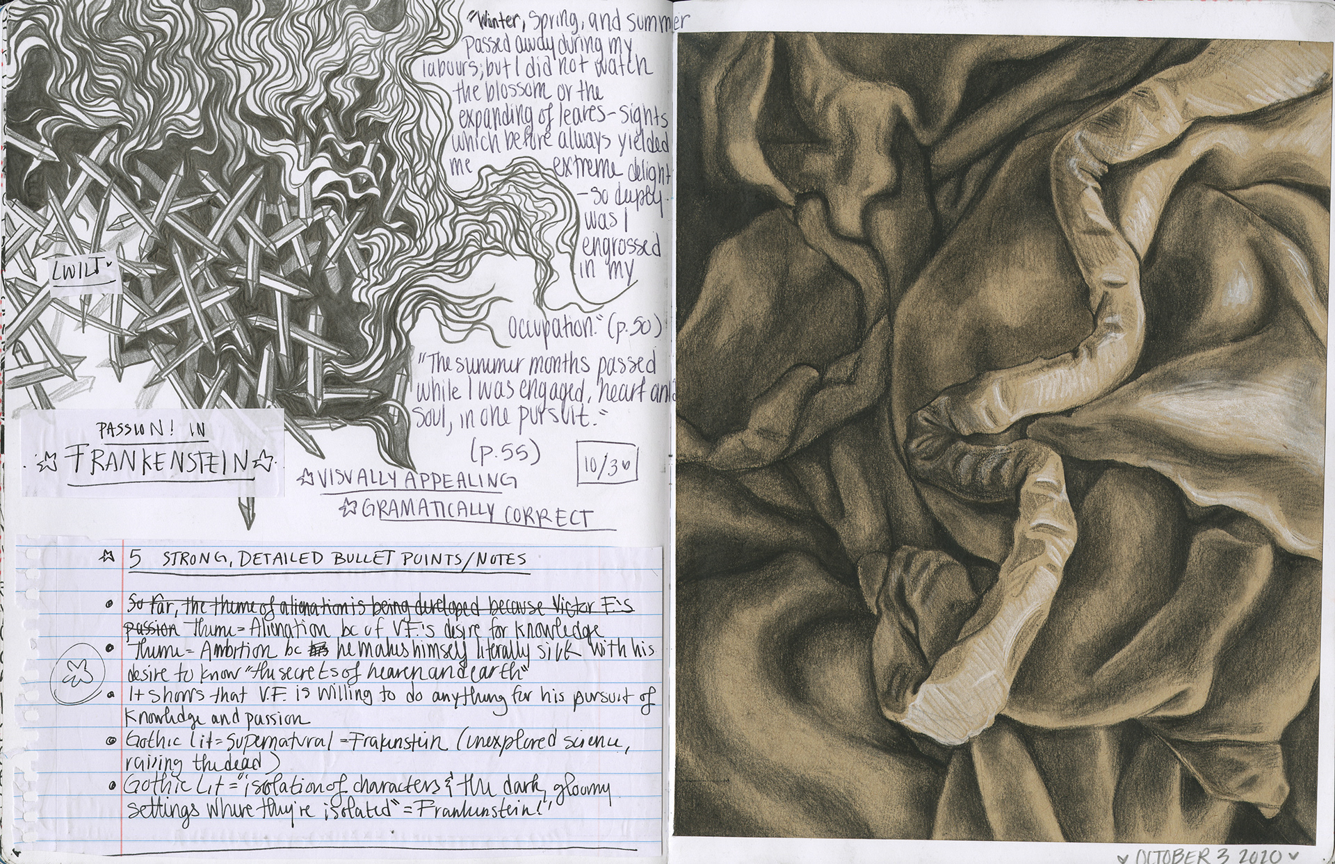 10/3/2020 Frankenstein notes and fabric study in charcoal 