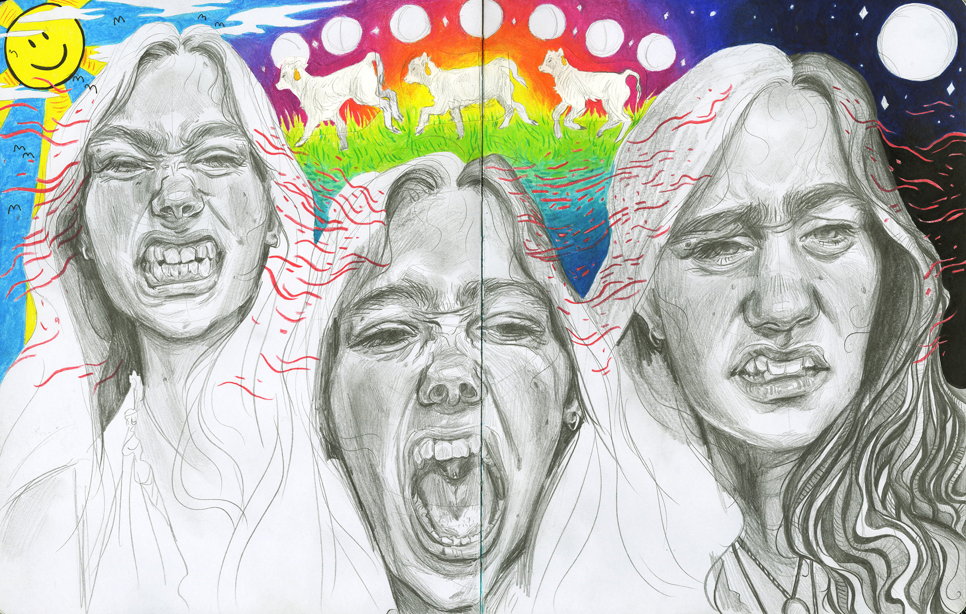 5/4/2020 Stars, I think. Or something else. It'll happen in a few days, just wait.   Self-portrait facial expression study with graphite, Prisma color pencils, watercolor, brush pen, Posca paint pen, and collage.
