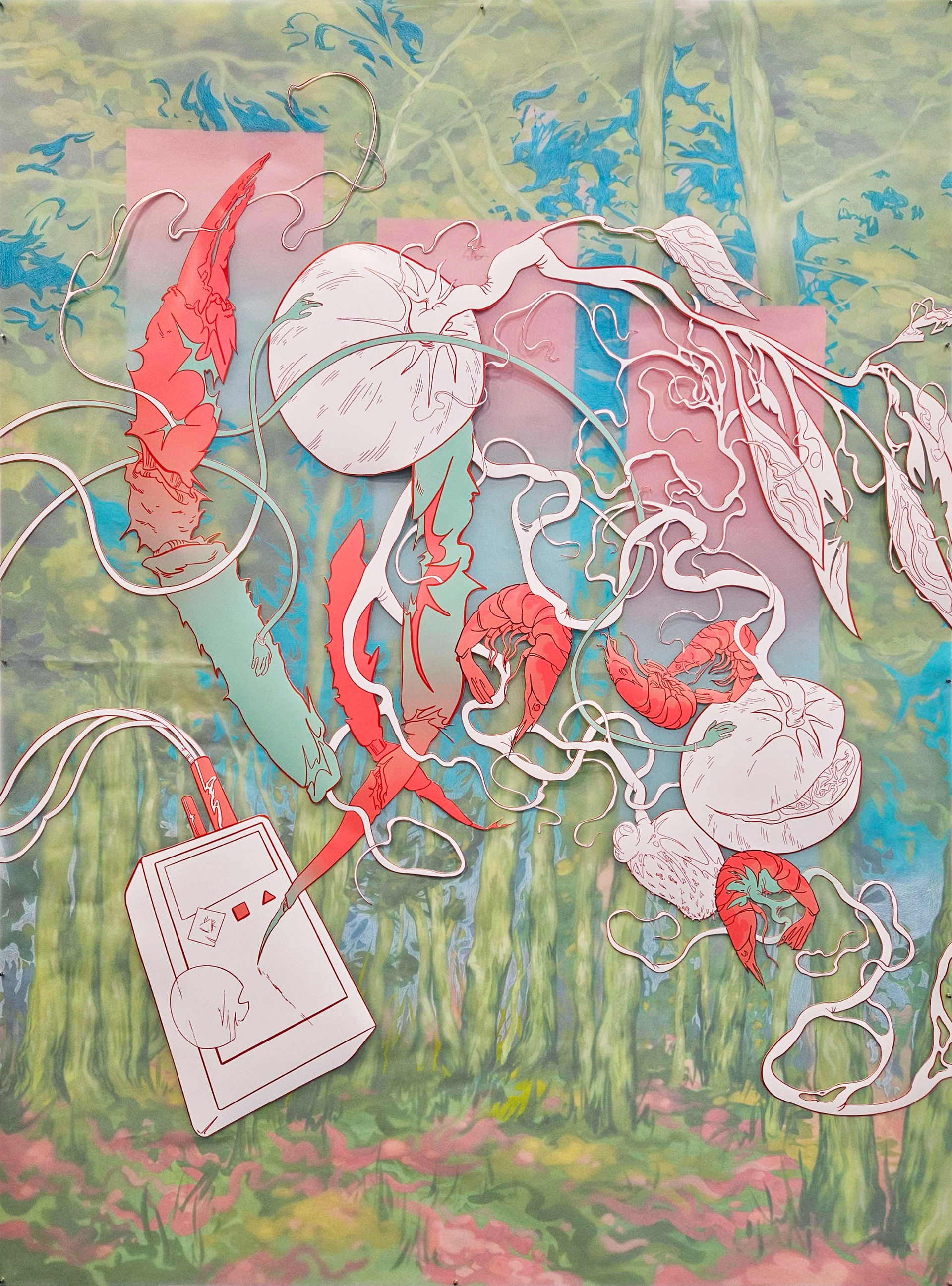 "Descender," 36x48in. Acrylic paint, printed illustration, vellum, 2025