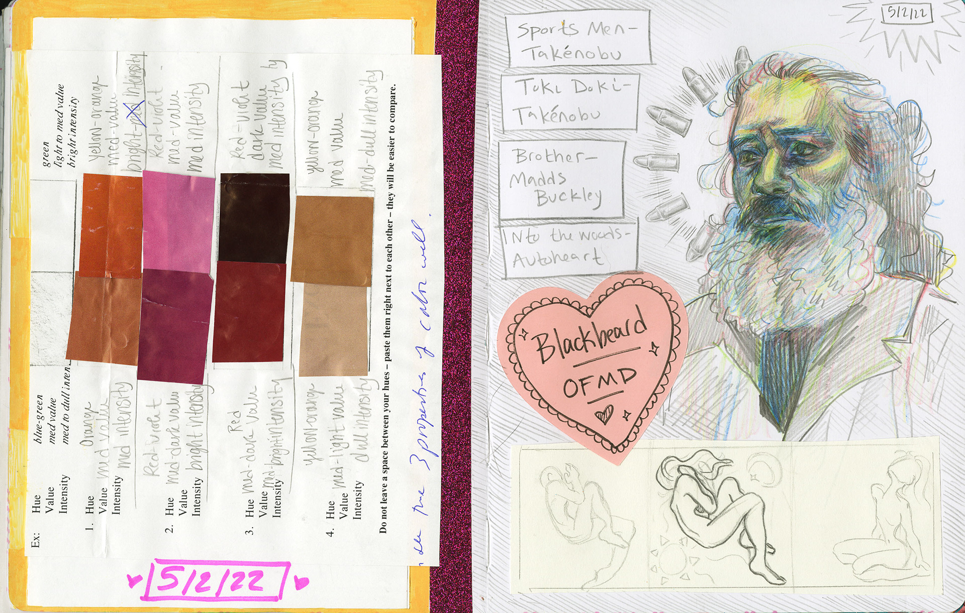 5/2/2022 Sports Men - Takenobu Toki Doki - Takenobu Brother - Madds Buckley Into the Woods - Autoheart  Painting 1 notes, portrait of Blackbeard from Our Flag Means Death with graphite and four-color colored pencil, and small printmaking sketches