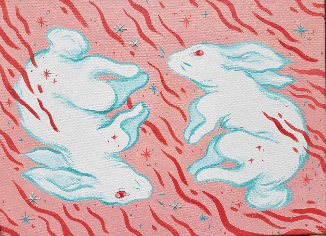 "Small Murders" Acrylic and embroidery on canvas, 12x20in