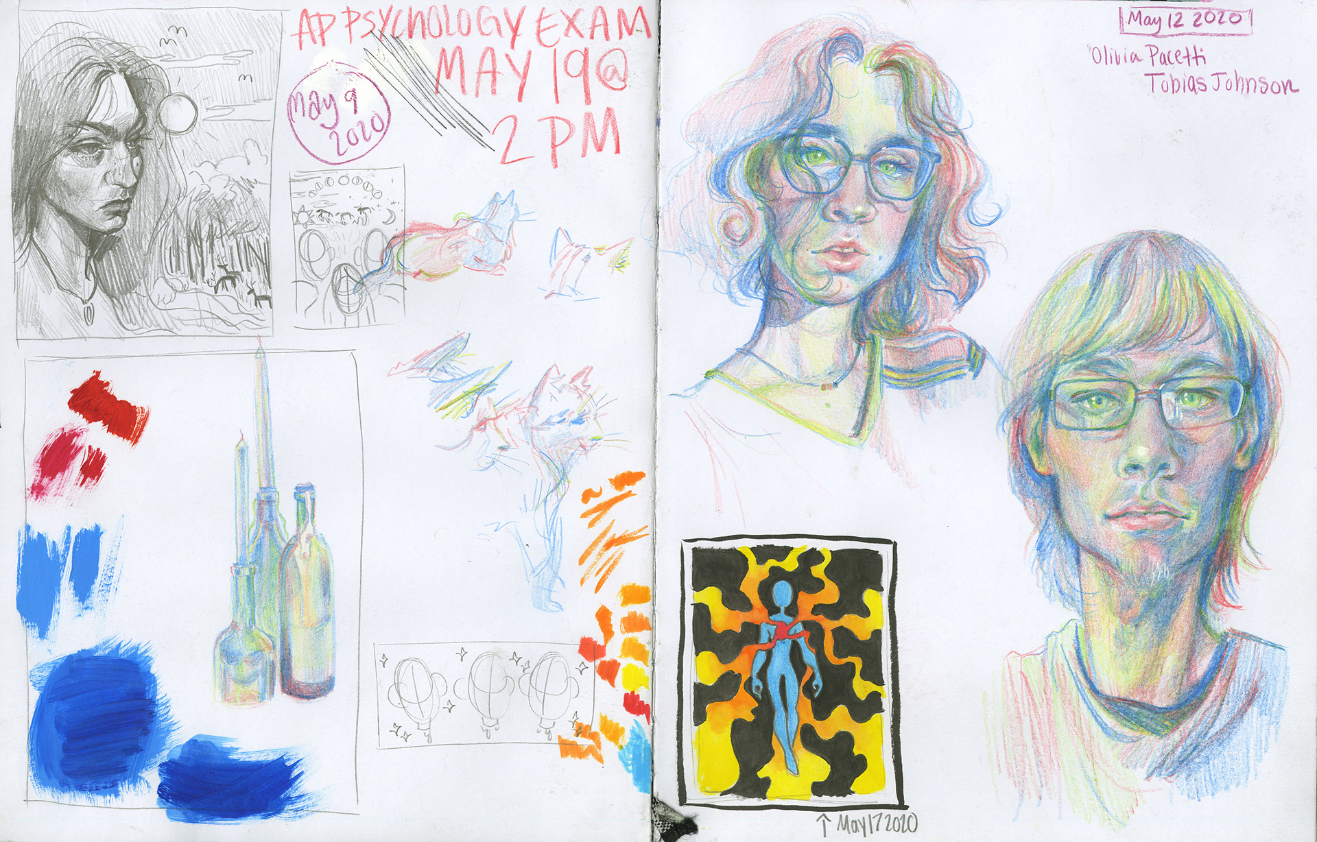 5/9-17/2020 Various studies with four-color colored pencil, and planning for future projects.