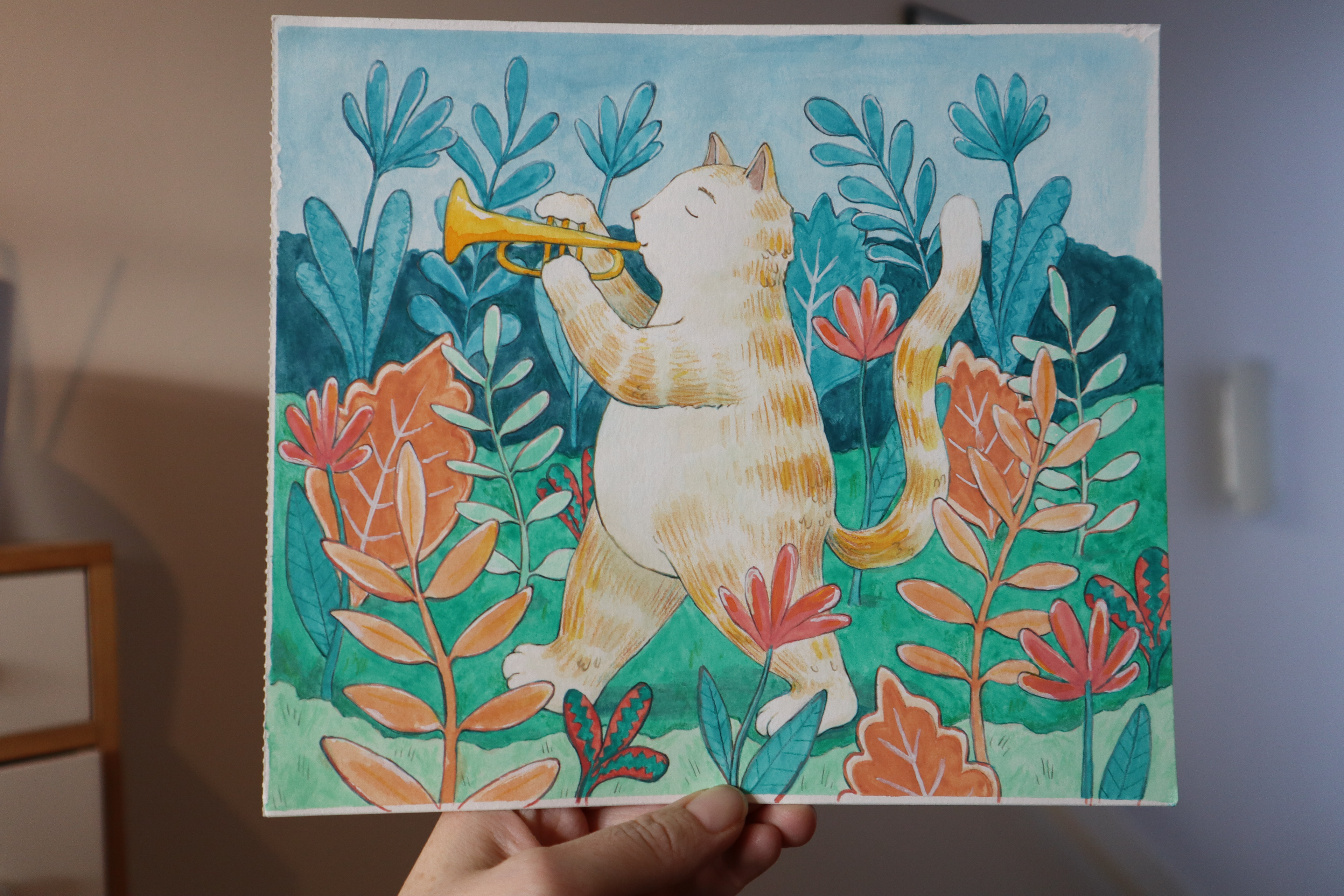 O-14 - “Katt med trompet” - 24x21 cm - Pris: 500 NOK