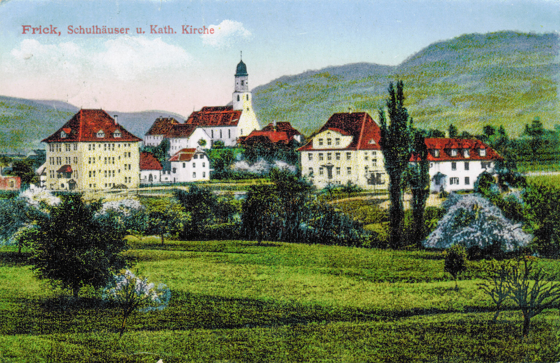 1928 Schule Dorf mit kath. Kirche