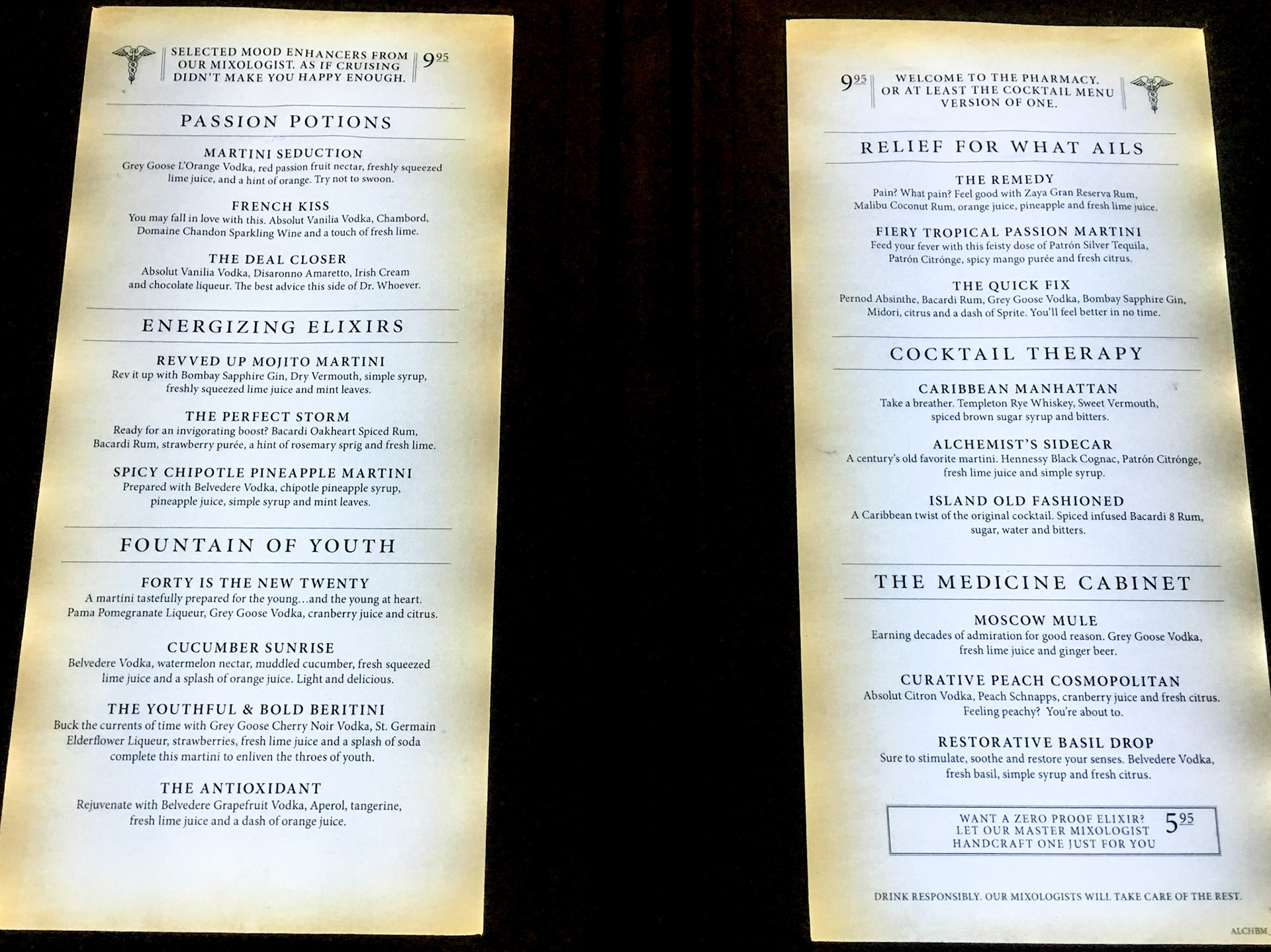 Alchemy Bar martini menu