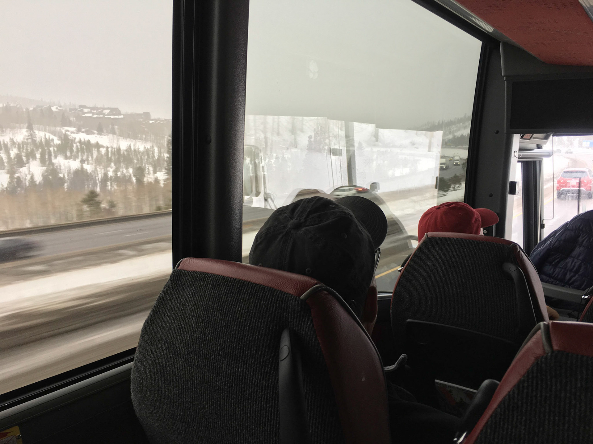 Snow begins again on bus ride back to Denver from Vail
