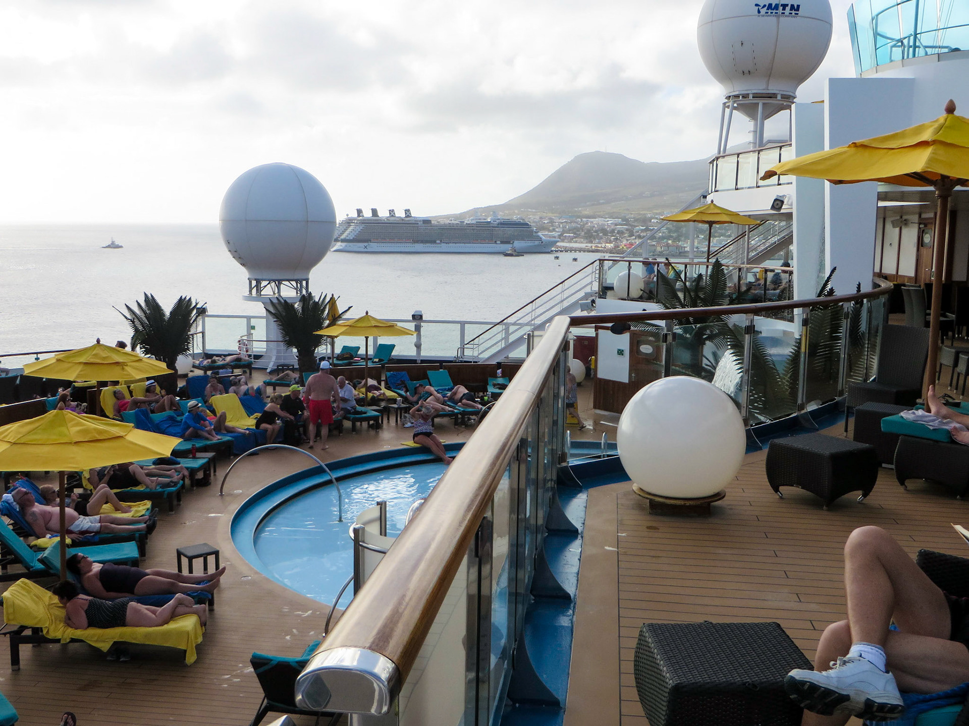 Two Celebrity Solstice class ships were berthed in front of the shopping area. Sunshine passengers had to shuttle to the shopping.
