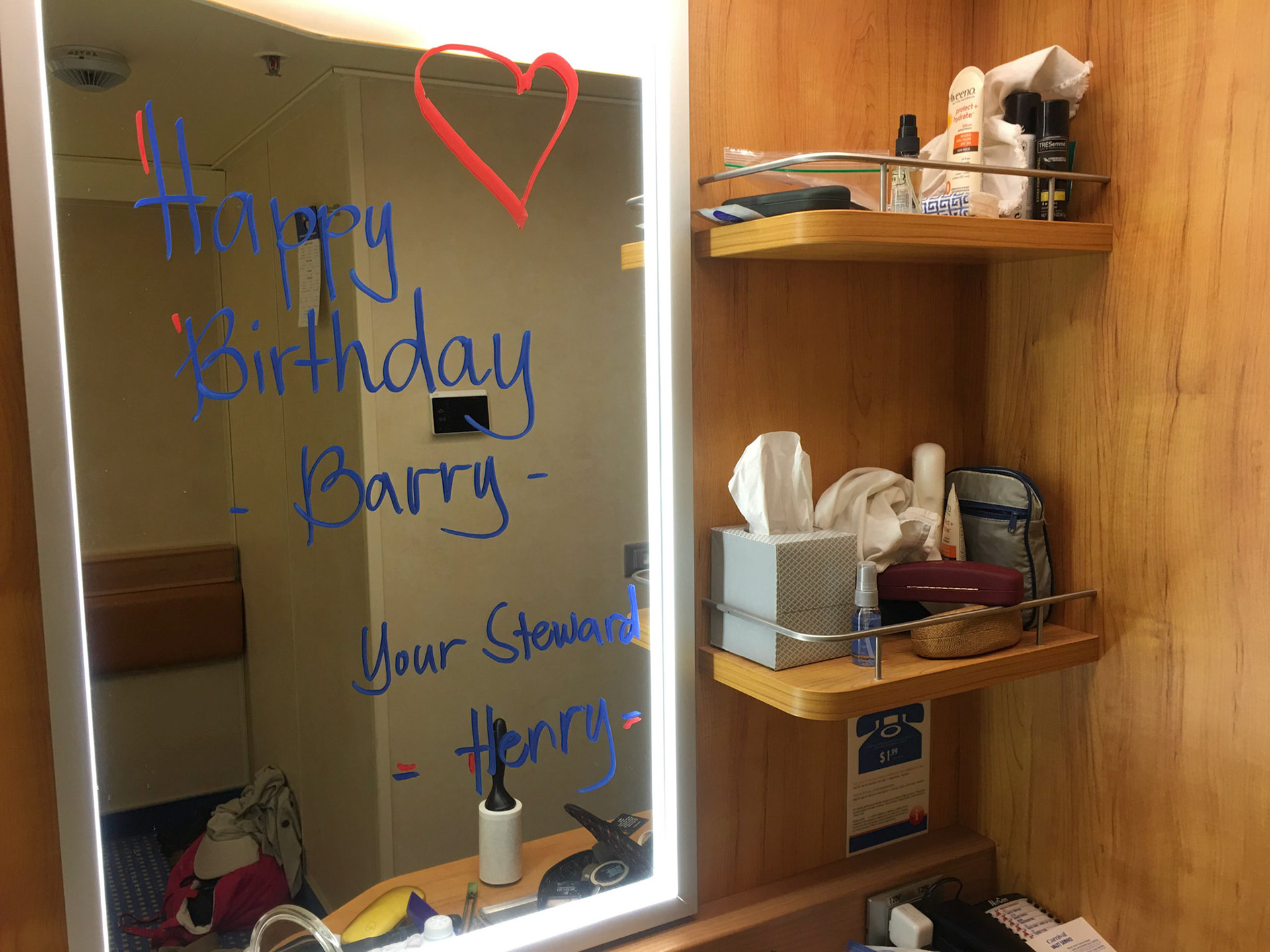 In addition to a birthday wish on the mirror, I received an envelope with a coupon for $25 toward wine, a photo discount, and several spa discounts.