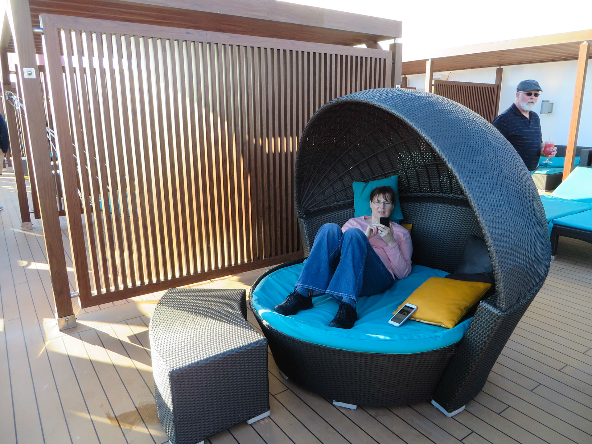 Michele kicks back in a pod