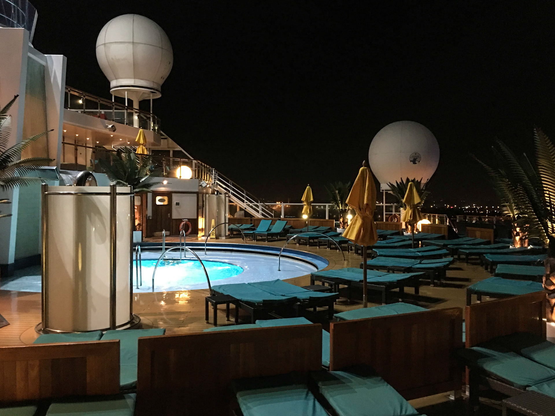 Serenity deck at night in San Juan