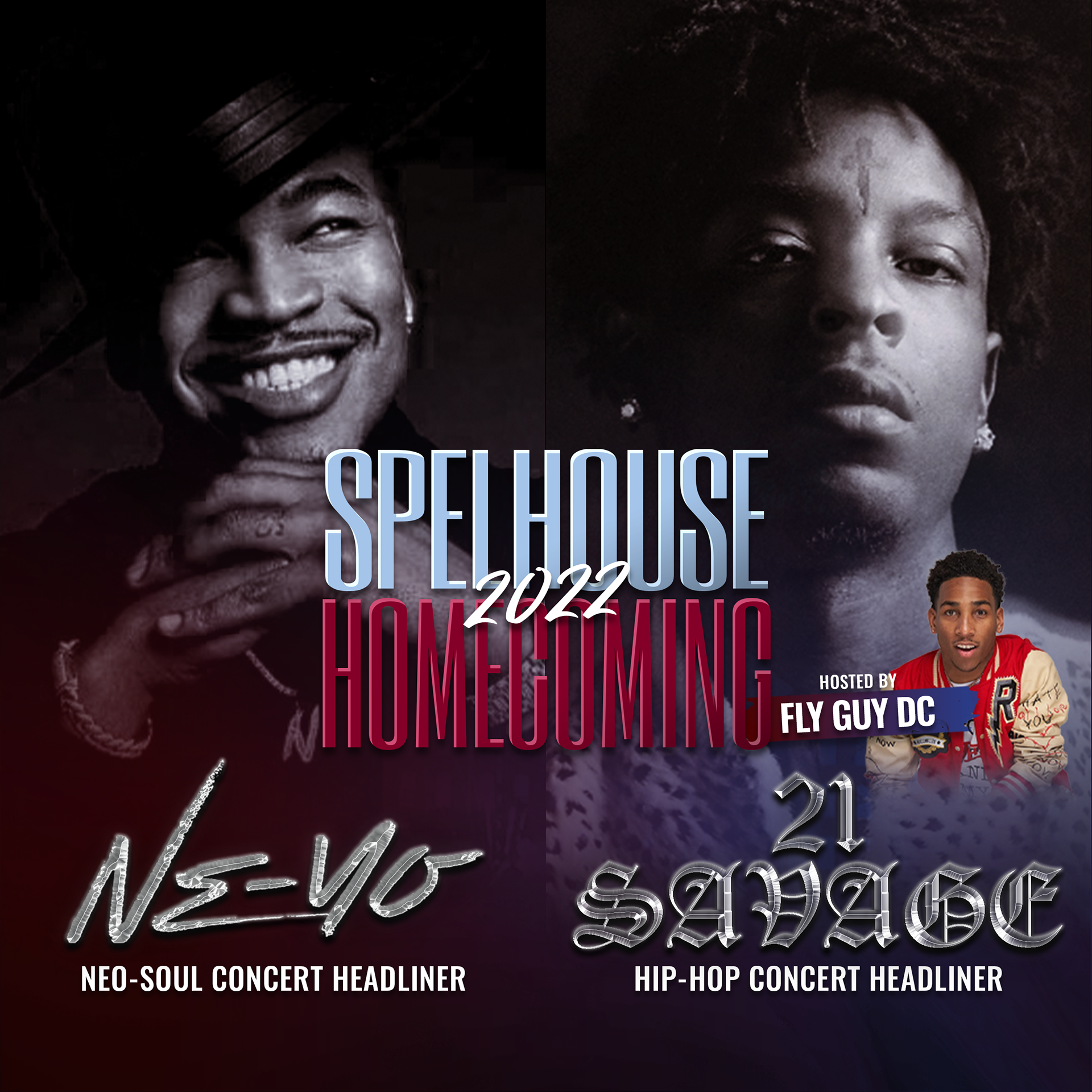 Graphic announcing (digitally) the headliners for the SpelHouse Homecoming Neo-Soul & Hip-Hop concerts (respectively)