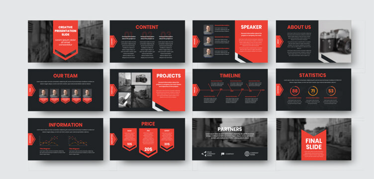 Infographic design presentation, power, point, information slide, concept on black background with red arrows, vector brochure for statistics.