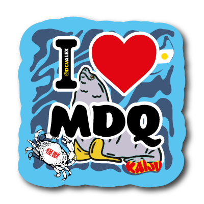Sticker Pumper 6x6cm de un lobo marino surfeando, laca brillante en las olas, fondo azul neón, diseño por Kaiju @dcvalex.