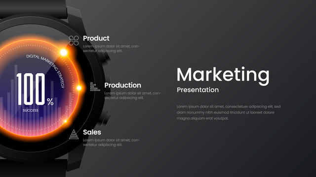 Creative horizontal website screen for responsive web design project development. Smart watch mock up bright colorful banner layout. Corporate marketing landing page vector illustration template.