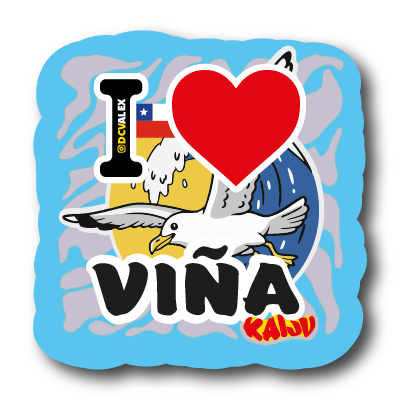 I ♥ VINA Faro: "Sticker Pumper 6x6cm de un faro costero, laca en luz, fondo azul neón, diseño por Kaiju @dcvalex."