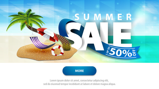 Summer sales, discount web banner template for your website with beautiful seascape, palm tree, hammock and beach umbrella