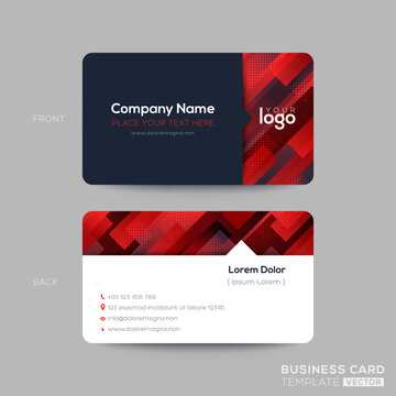 Red business card, membership card, VIP club card template with oblique line shape graphic element on black background. modern design