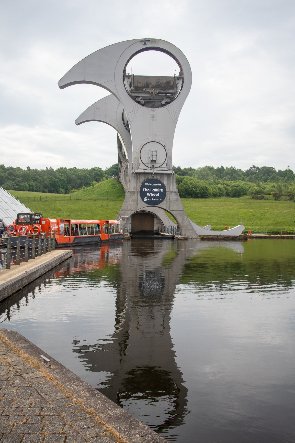 Falkirk Wheel, an amazing piece of engineering lifting canal boats up to the higher level canal. 