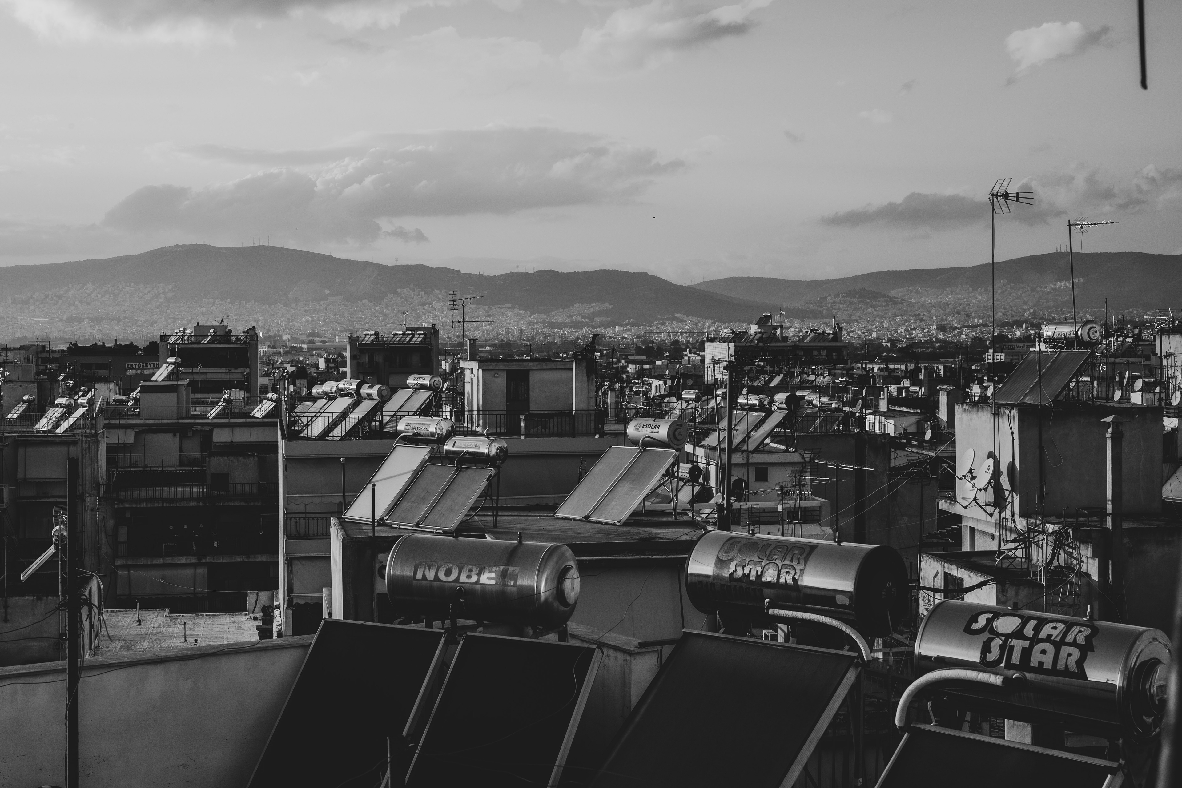 City of Solar panels. Black and White. Athens