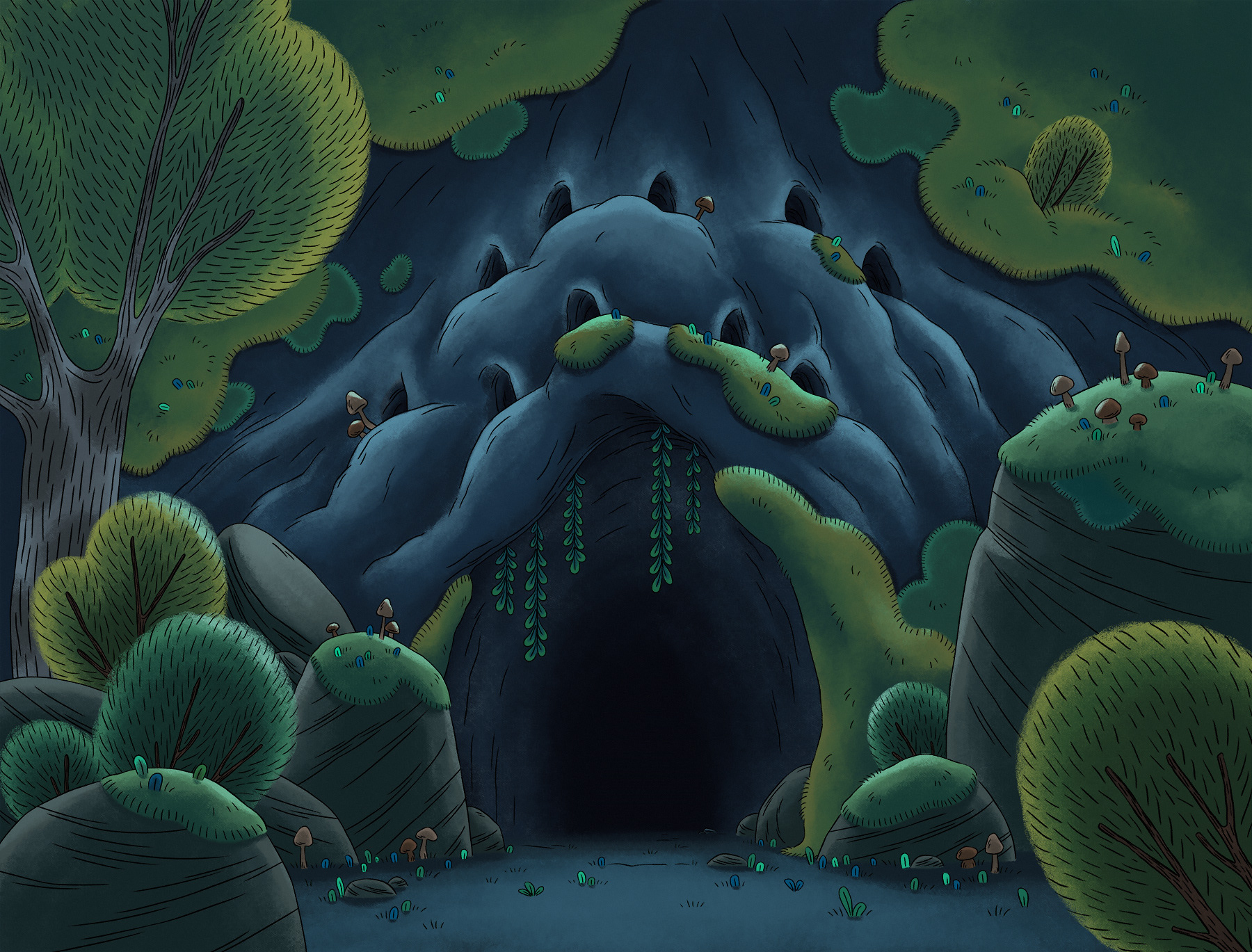 Décor d'une entrée de grotte sombre pour Pompon Ours