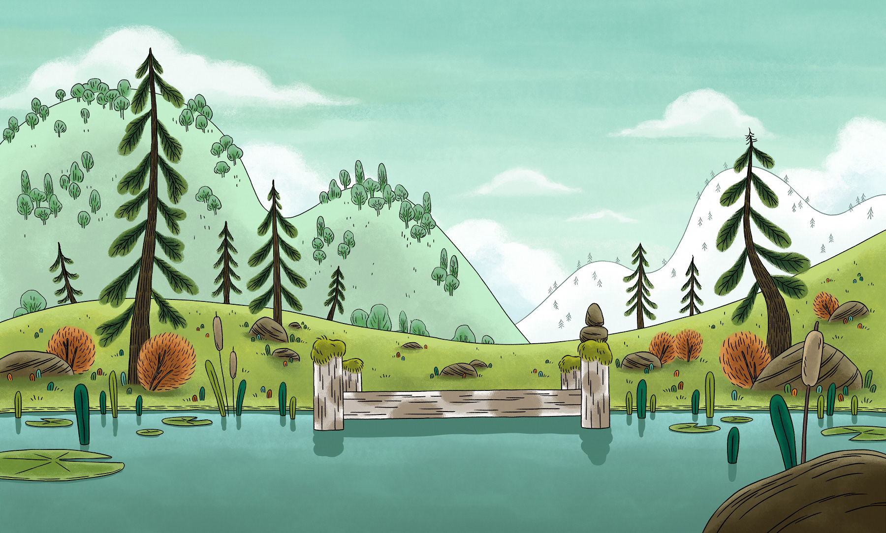 Décor d'un lac avec un ponton pour Pompon Ours