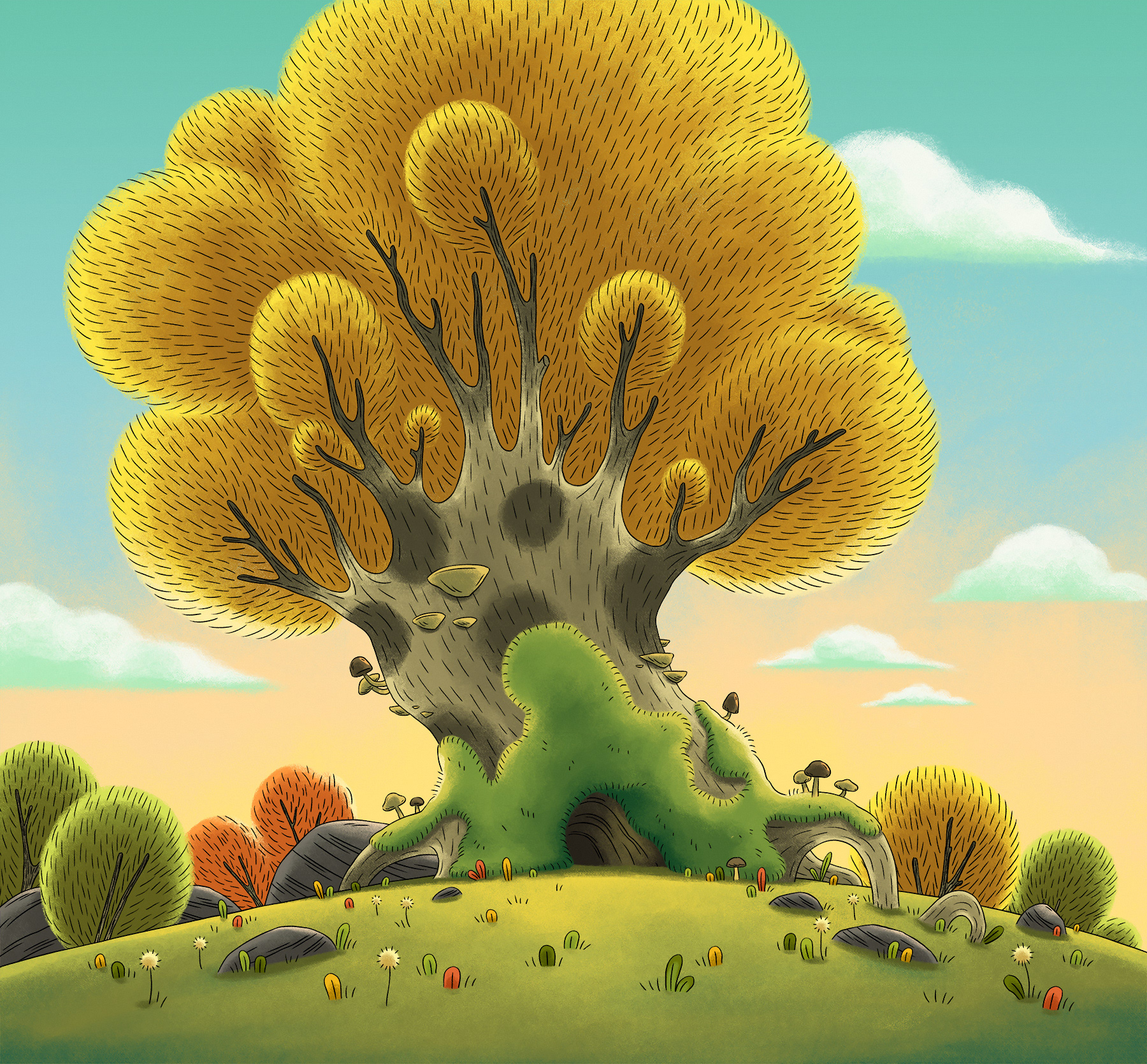 Décor d'un gros arbre pour Pompon Ours