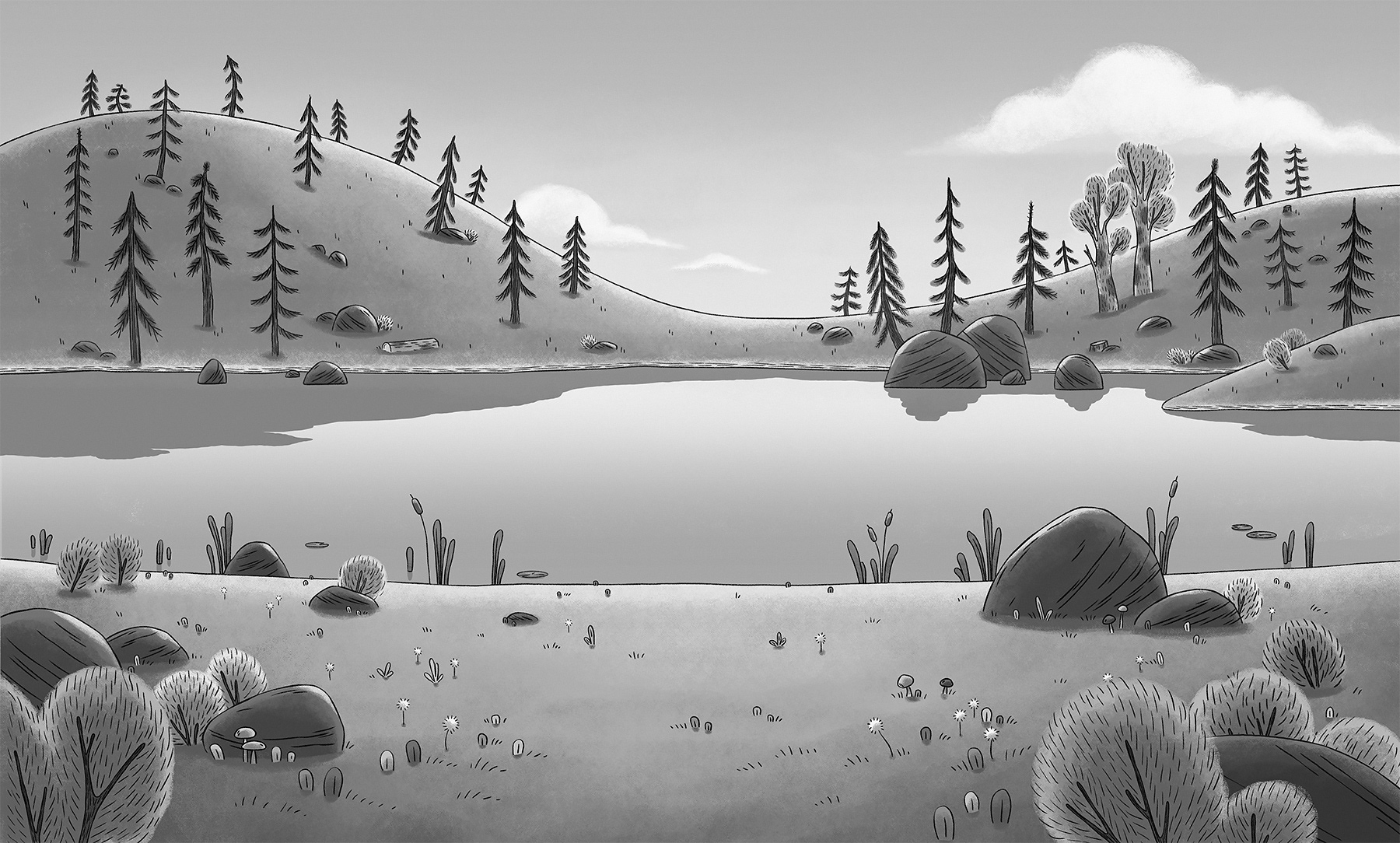 Décor d'un lac pour Pompon Ours