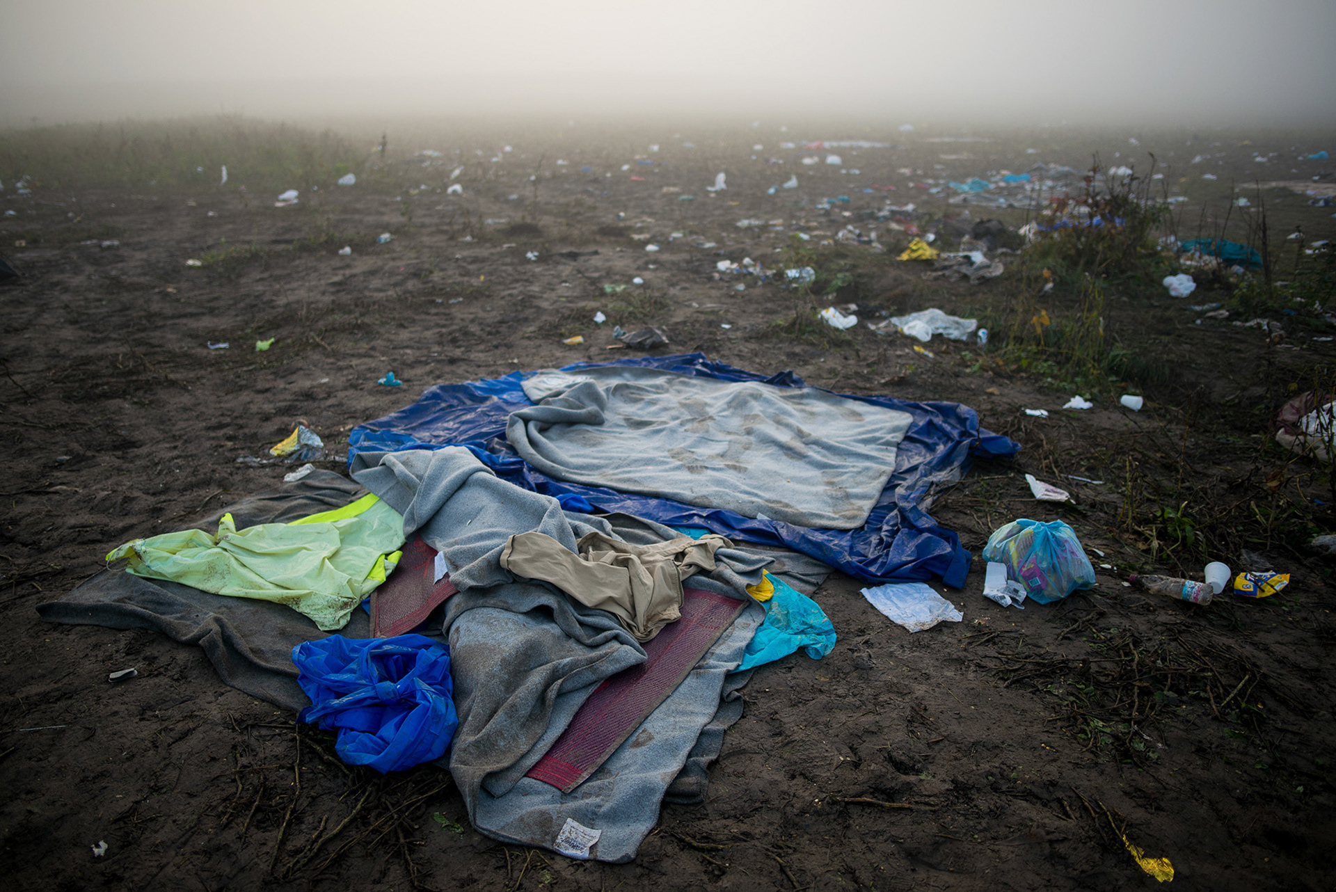 Things that are left after refugees crossed the border from Serbia to Croatia. Berkasovo, Serbia. 24.10.2015.