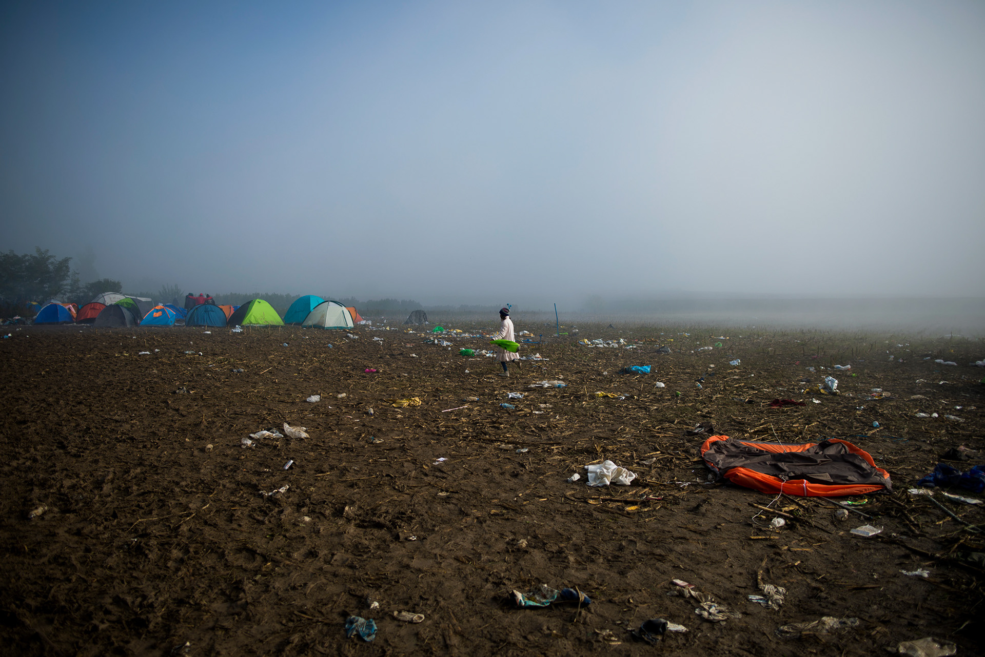 Refugee camp on the border between Serbia and Croatia. Refugees wait for the permission to enter Croatia hoping to be transferred in one of EU countries. Serbia, Berkasovo, 23.10.2015.