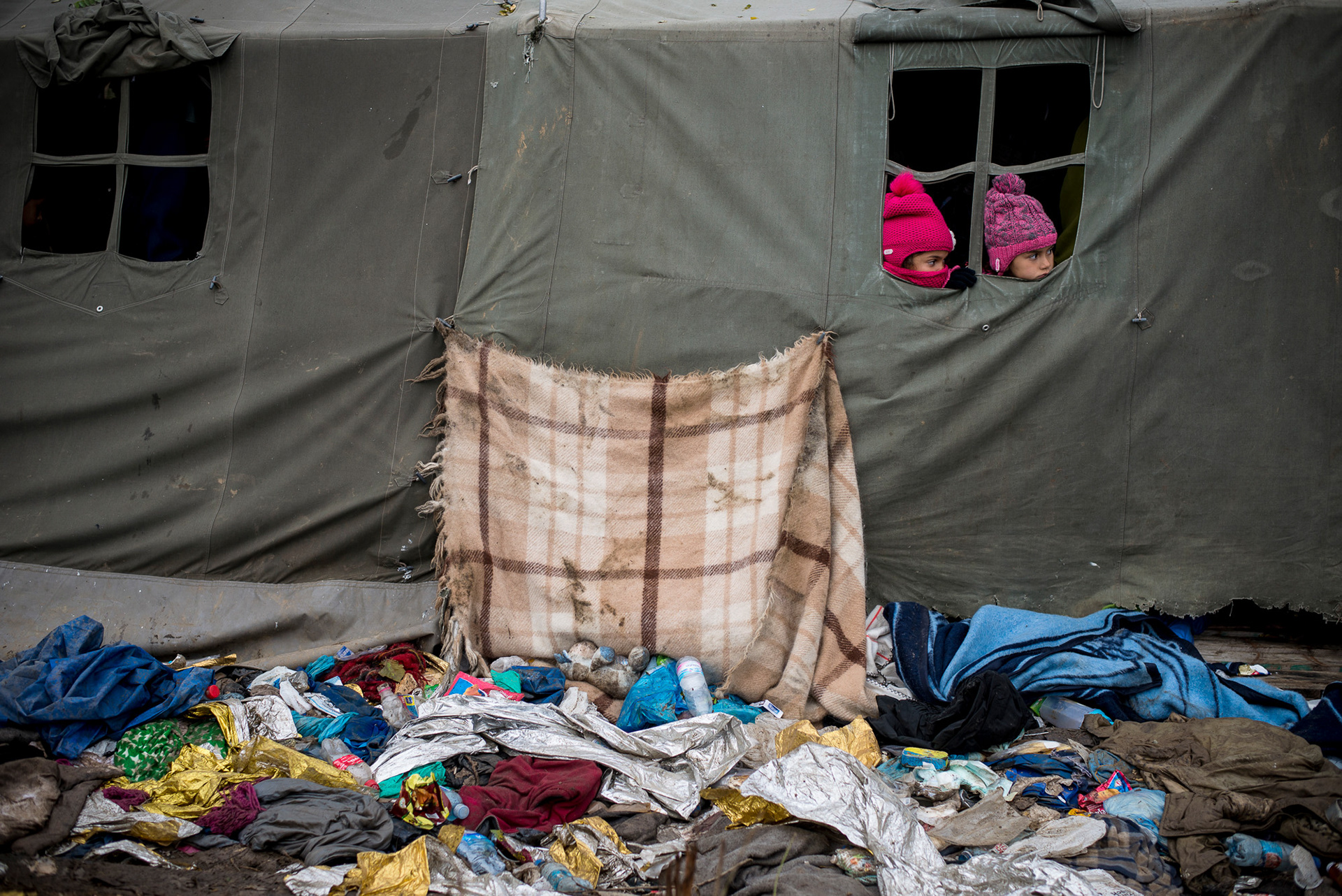 Refugee camp on the border between Serbia and Croatia. Refugees wait for the permission to enter Croatia hoping to be transferred in one of EU countries. Serbia, Berkasovo, 24.10.2015.
