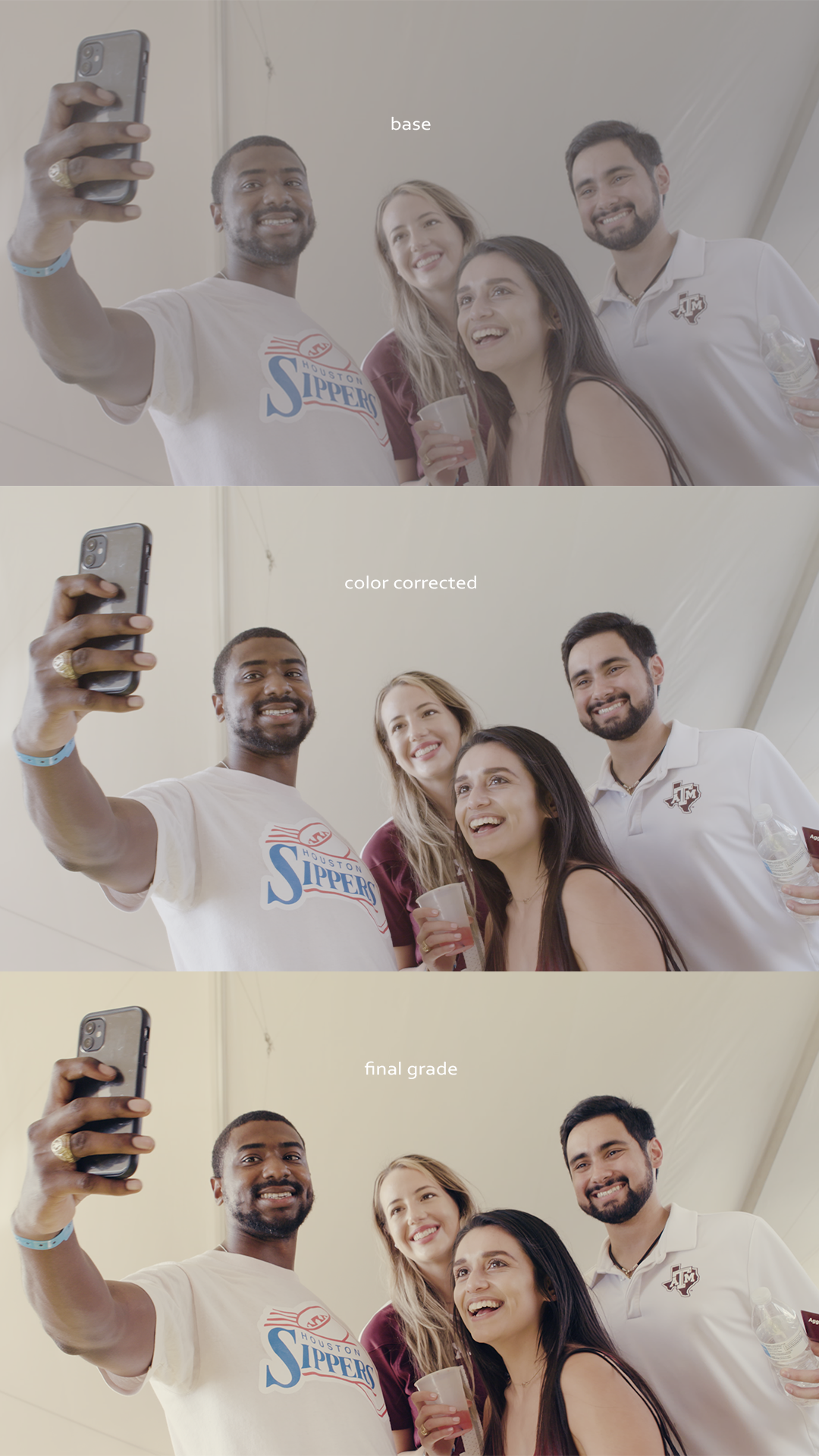 *Coloring process, from picture raw to final color grade (bottom frame).