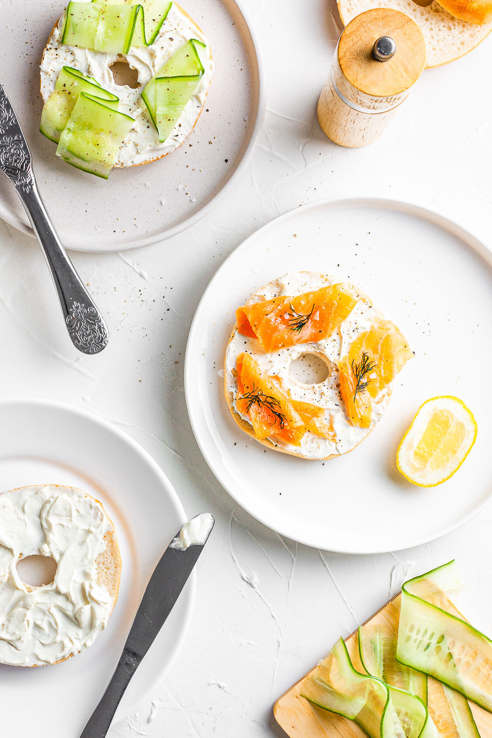 Salmon and cucumber cream cheese bagels