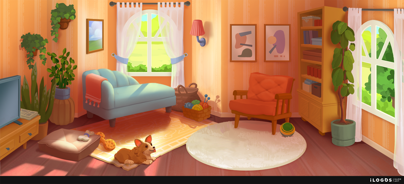 Cozy game background art with character