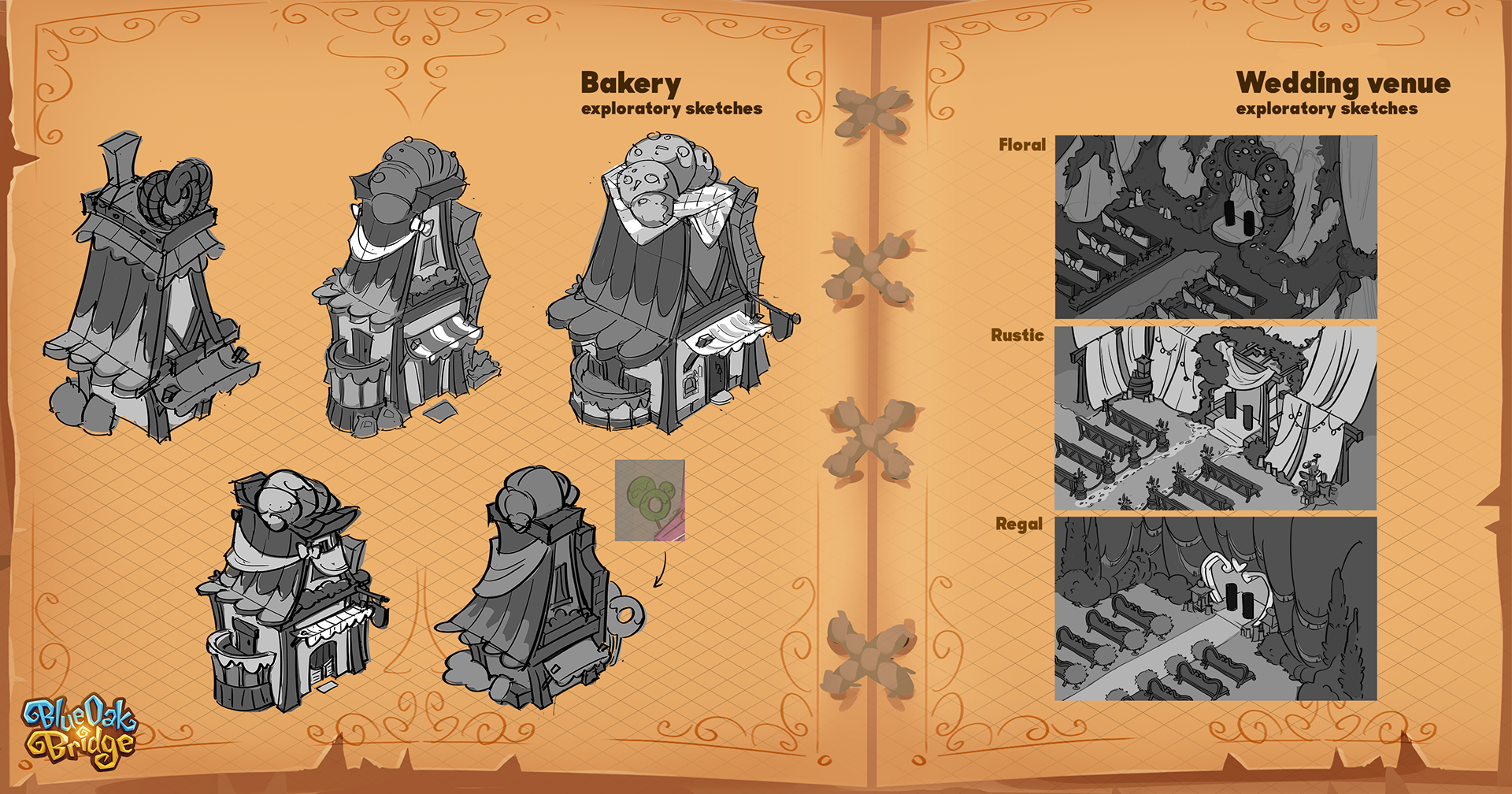 Concept ideation sketches for a Bakery building and Wedding venue area