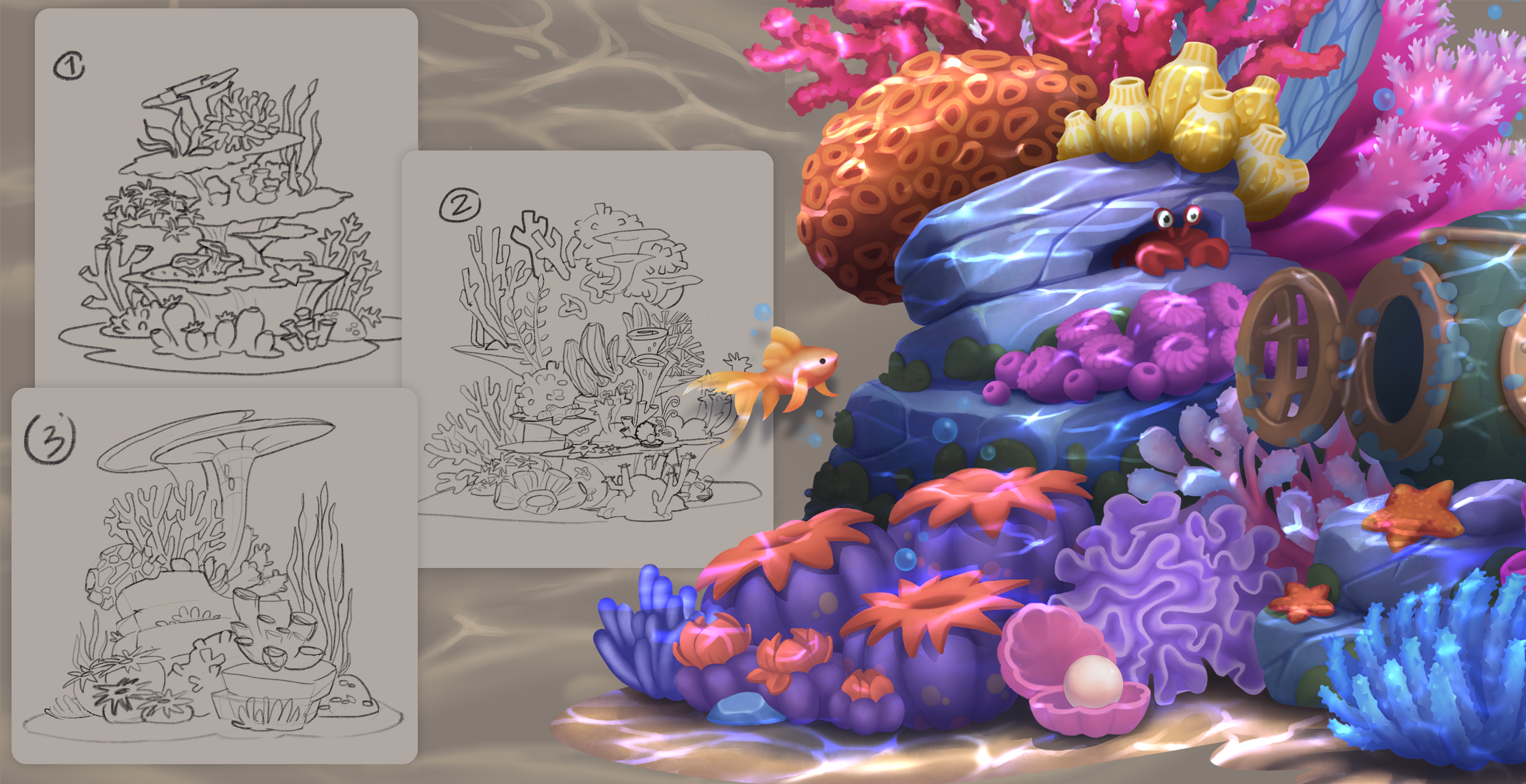 Diorama scene for 3D mobile app Loona, exploratory sketches
