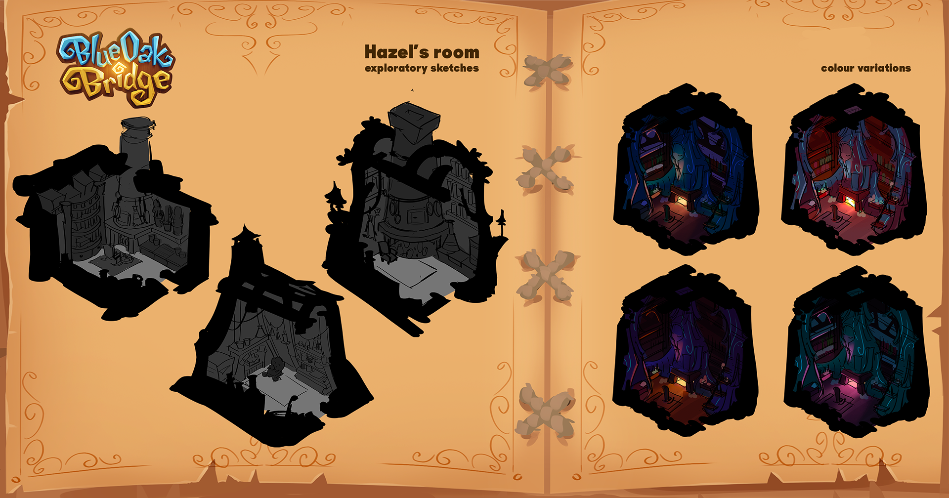 Witch room ideation and colour variations, final art developed by art director